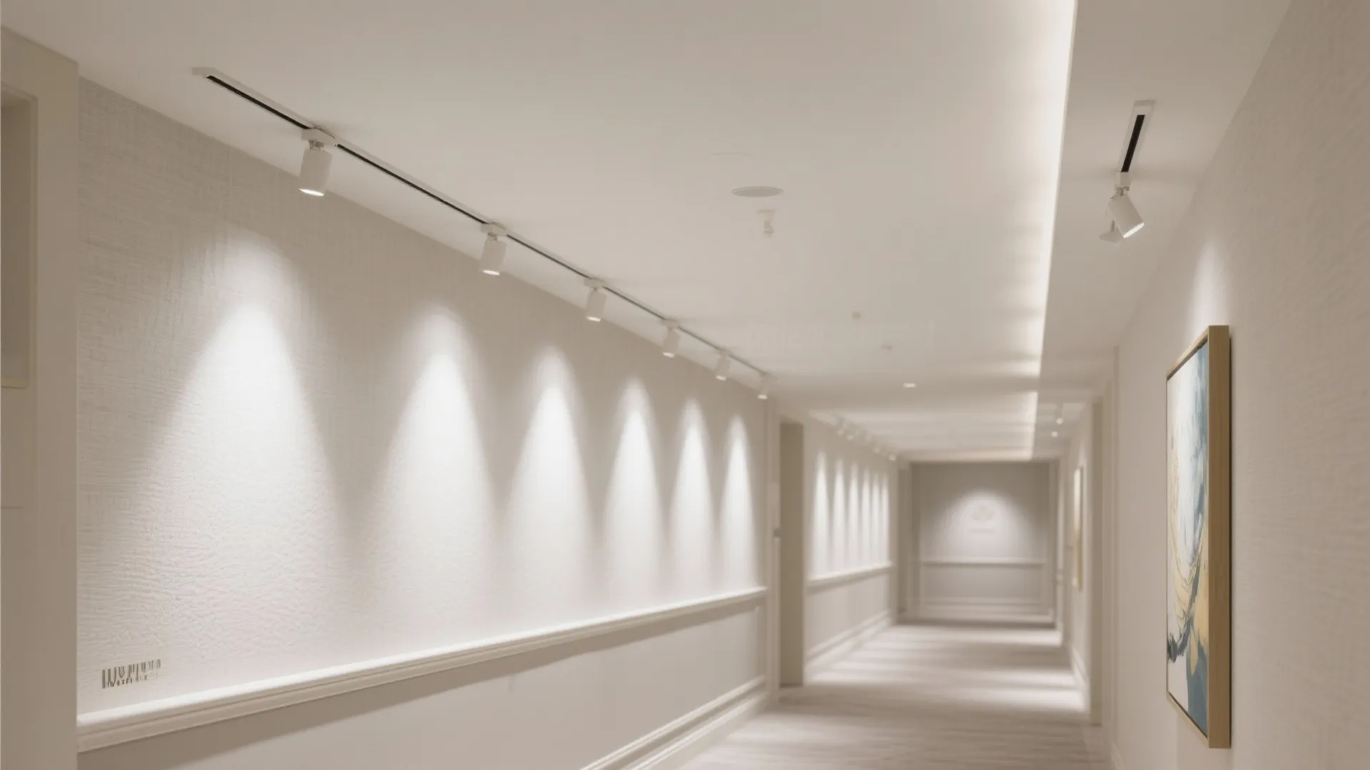Hall with a clean shadow-gap perimeter and hidden micro track lighting highlighting an art wall and textured paint.