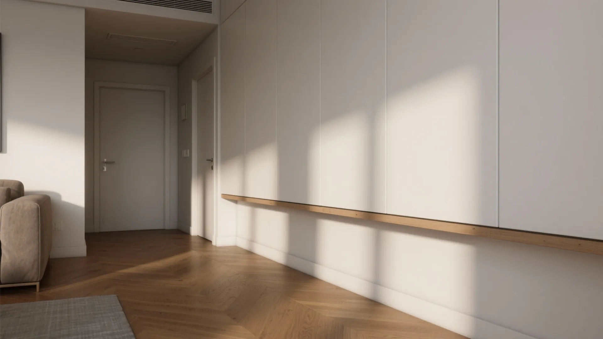 Modern hallway with white built in cabinets wooden floor wood shelf and bright natural sunlight