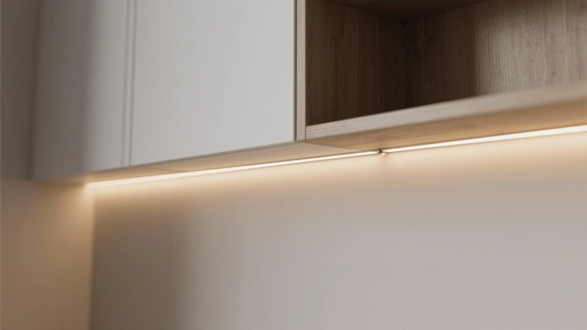 Under cabinet light fixture installed beneath white and wood kitchen storage units over white wall