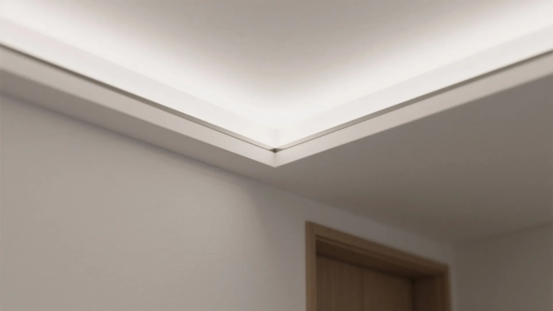 Close up view of a modern recessed ceiling with hidden light fixture and white walls