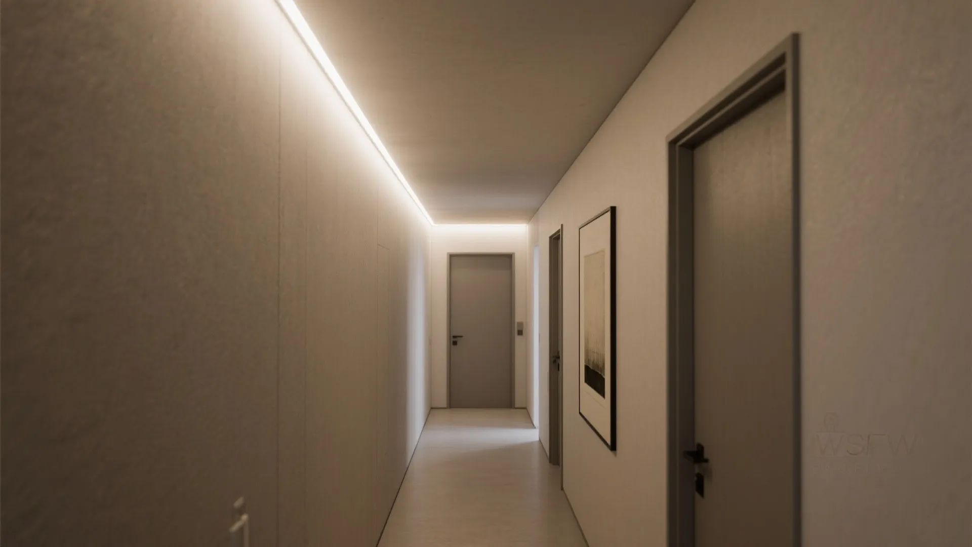 Modern white hallway with long ceiling light strip along the wall and grey closed doors