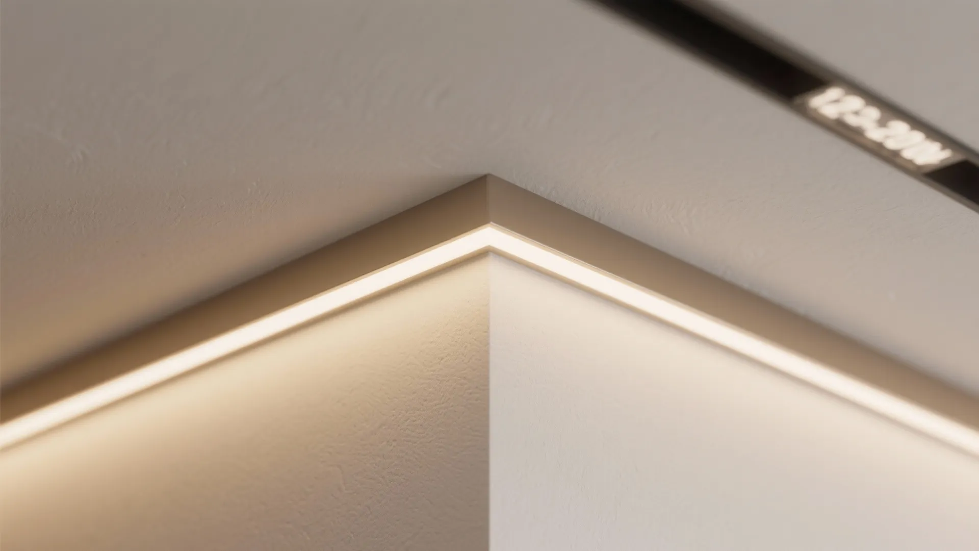 Close up view of warm LED light strip installed under a white wall panel corner
