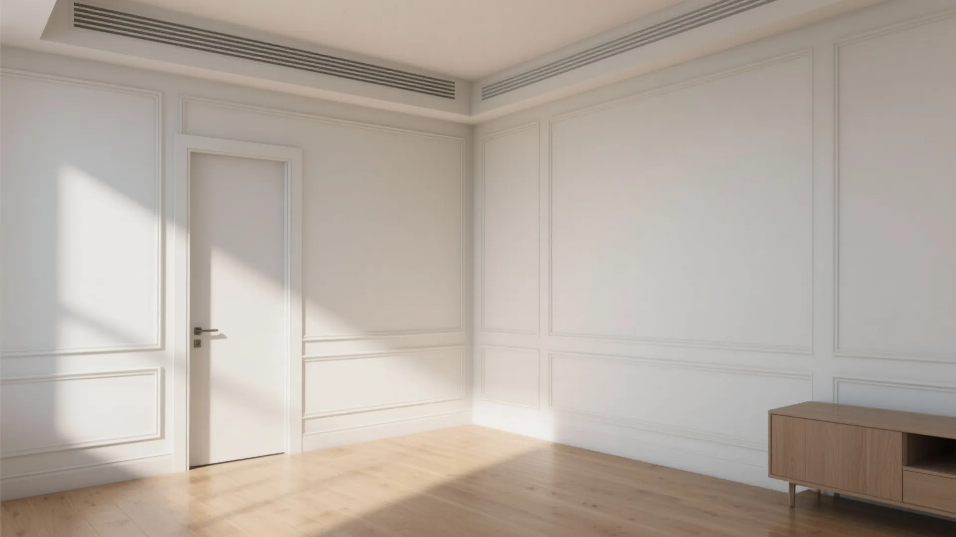Empty room with white wall panel white door wooden floor and a small wooden cabinet