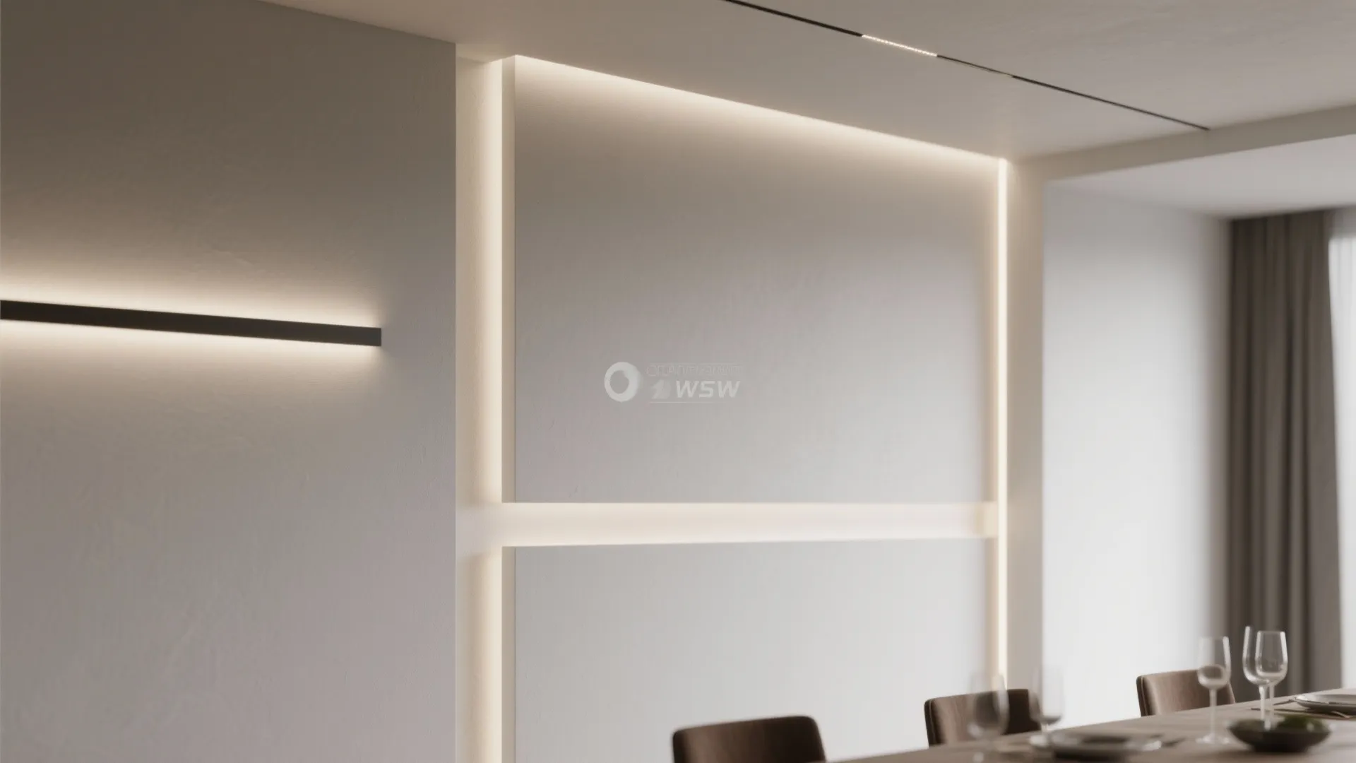 Macro detail of shallow recessed shadow lines creating subtle depth in a modern dining room.