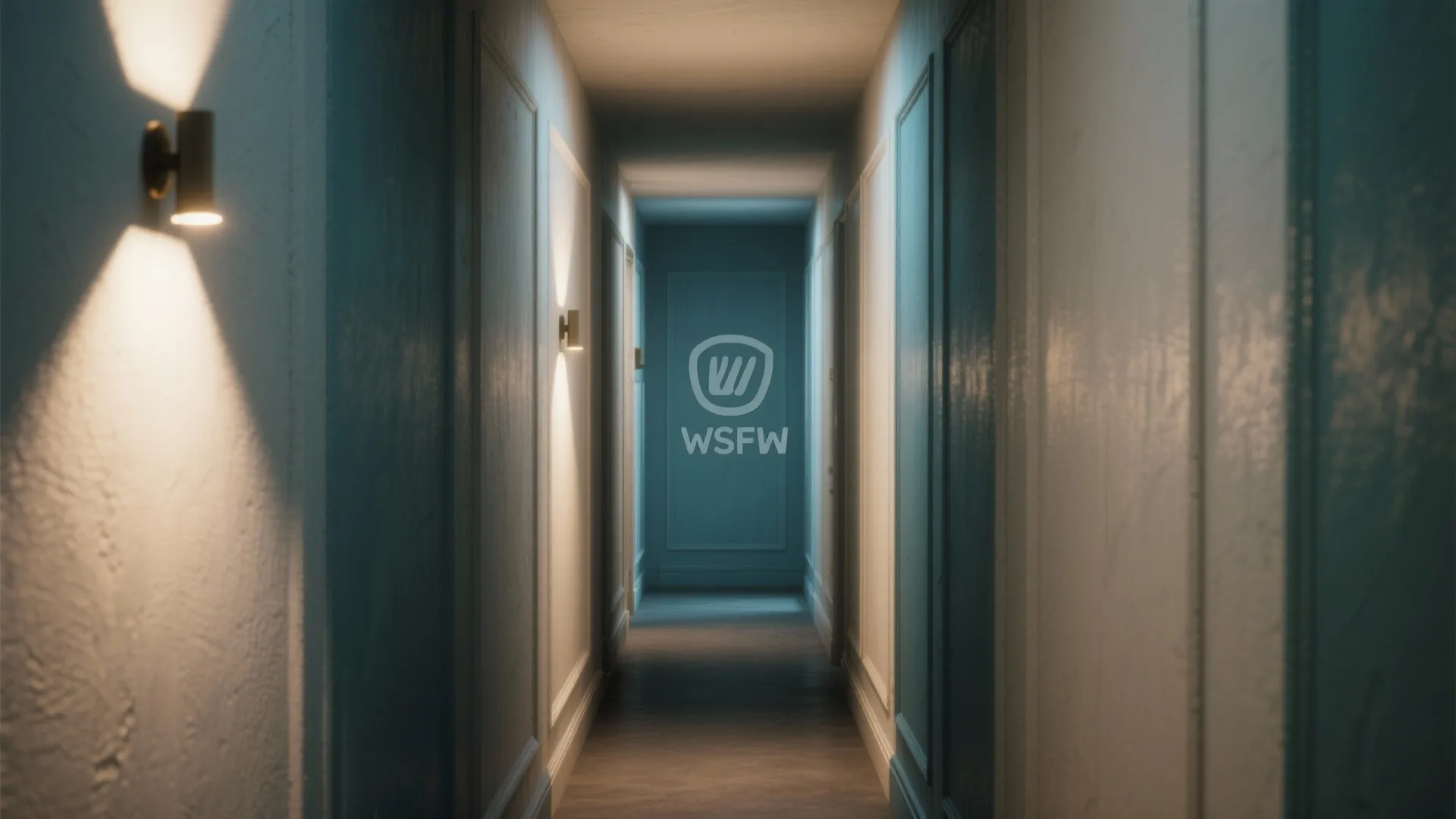 Long hallway with white wall panels and warm wall lights leading to a logo wall