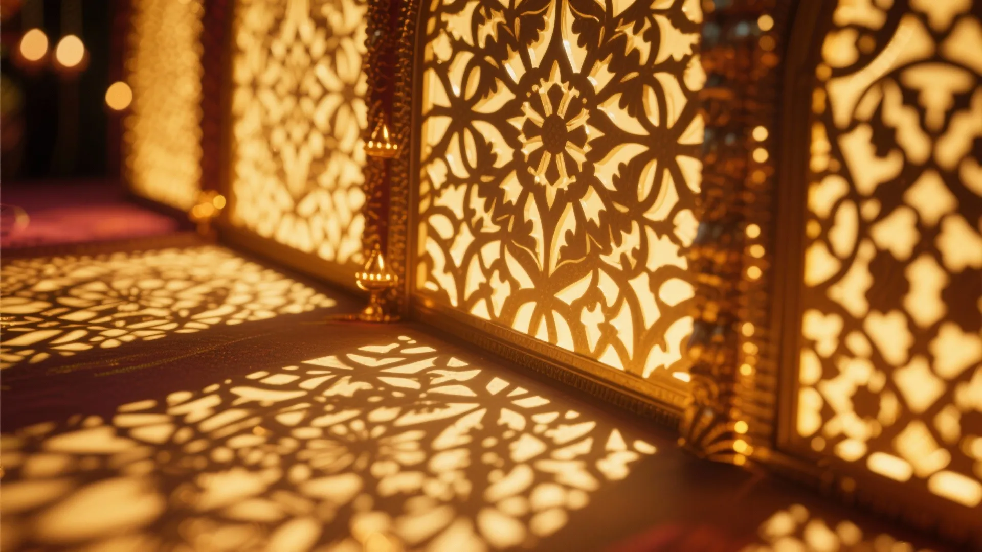 Lit cut-out panels casting intricate shadows on stage