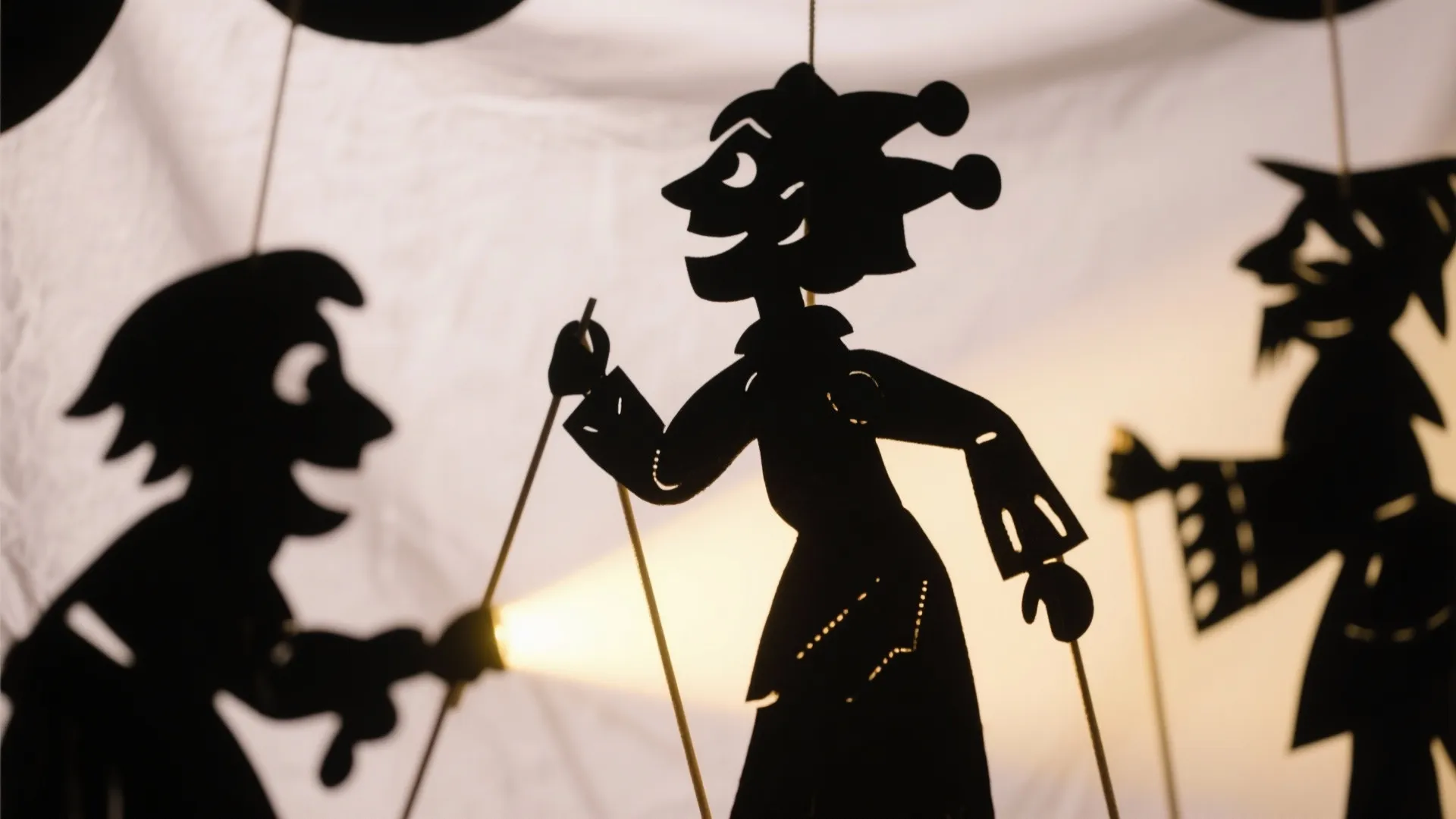 Shadow puppet figures projected onto a sheet by flashlight
