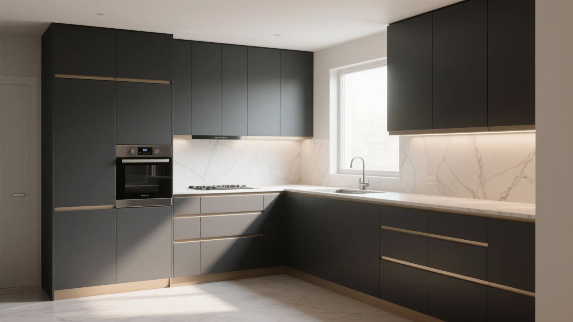 Modern kitchen with dark grey cabinets, gold trim, marble countertop, white backsplash, window, and oven