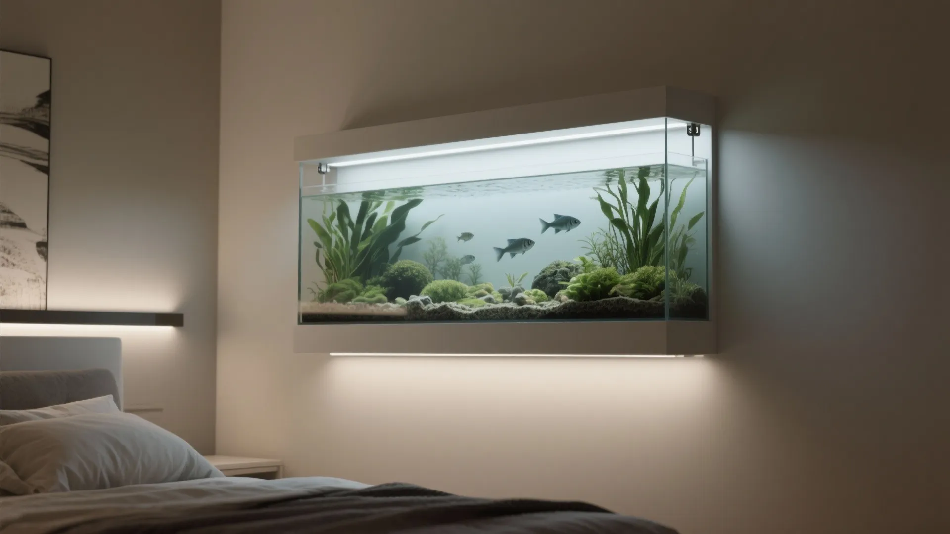 Modern wall mounted fish tank with green plants and fish hanging above a minimalist bed