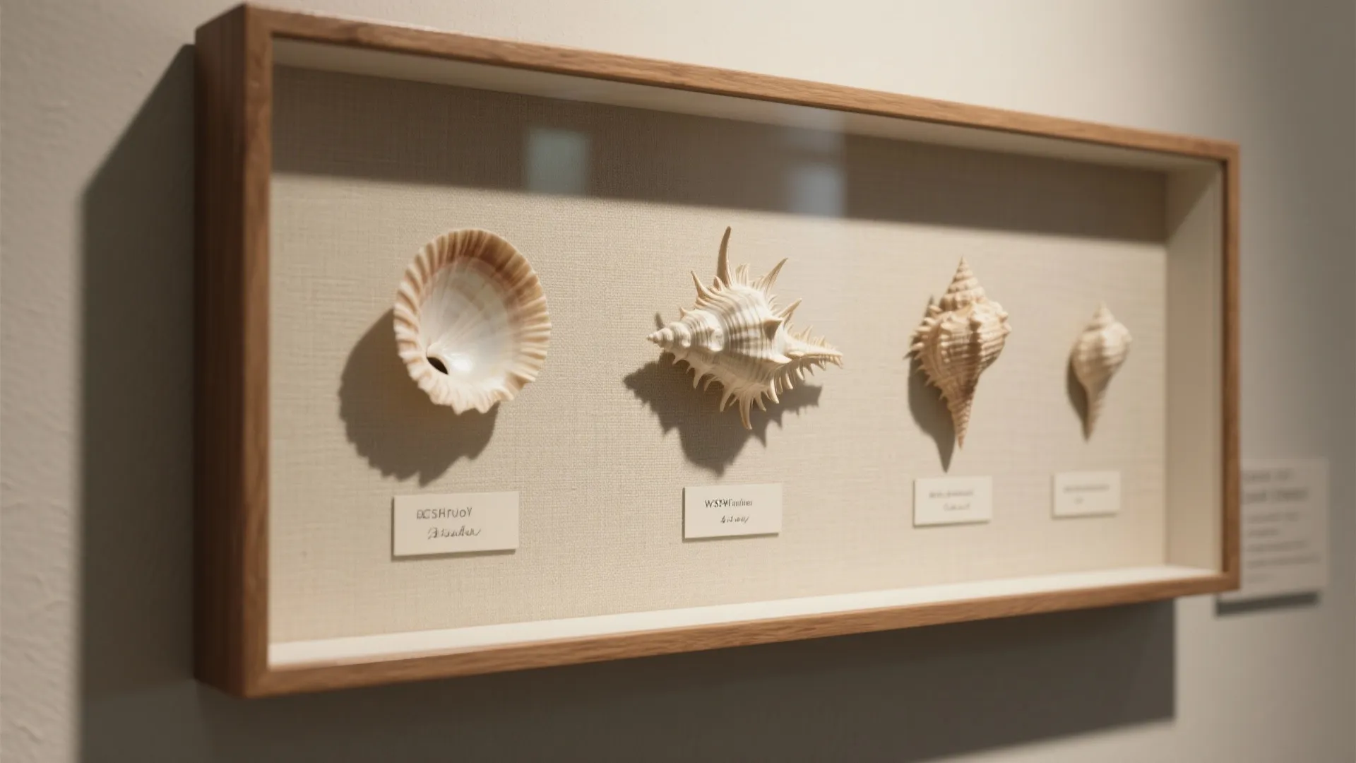Four different sea shells displayed in a wooden wall frame with labels on cream fabric