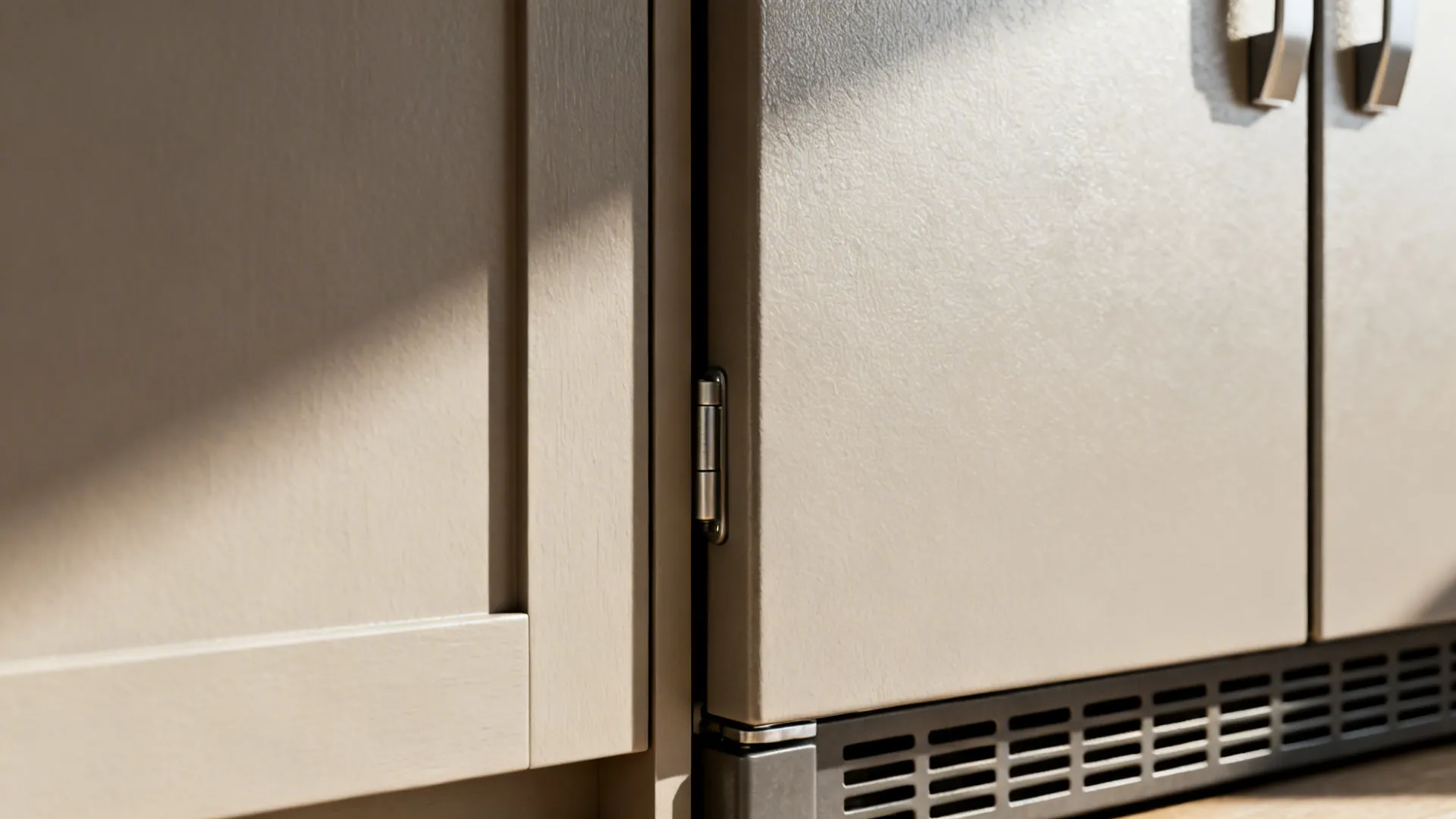 Close up of metal door hinge on a modern beige kitchen cabinet with metal vent