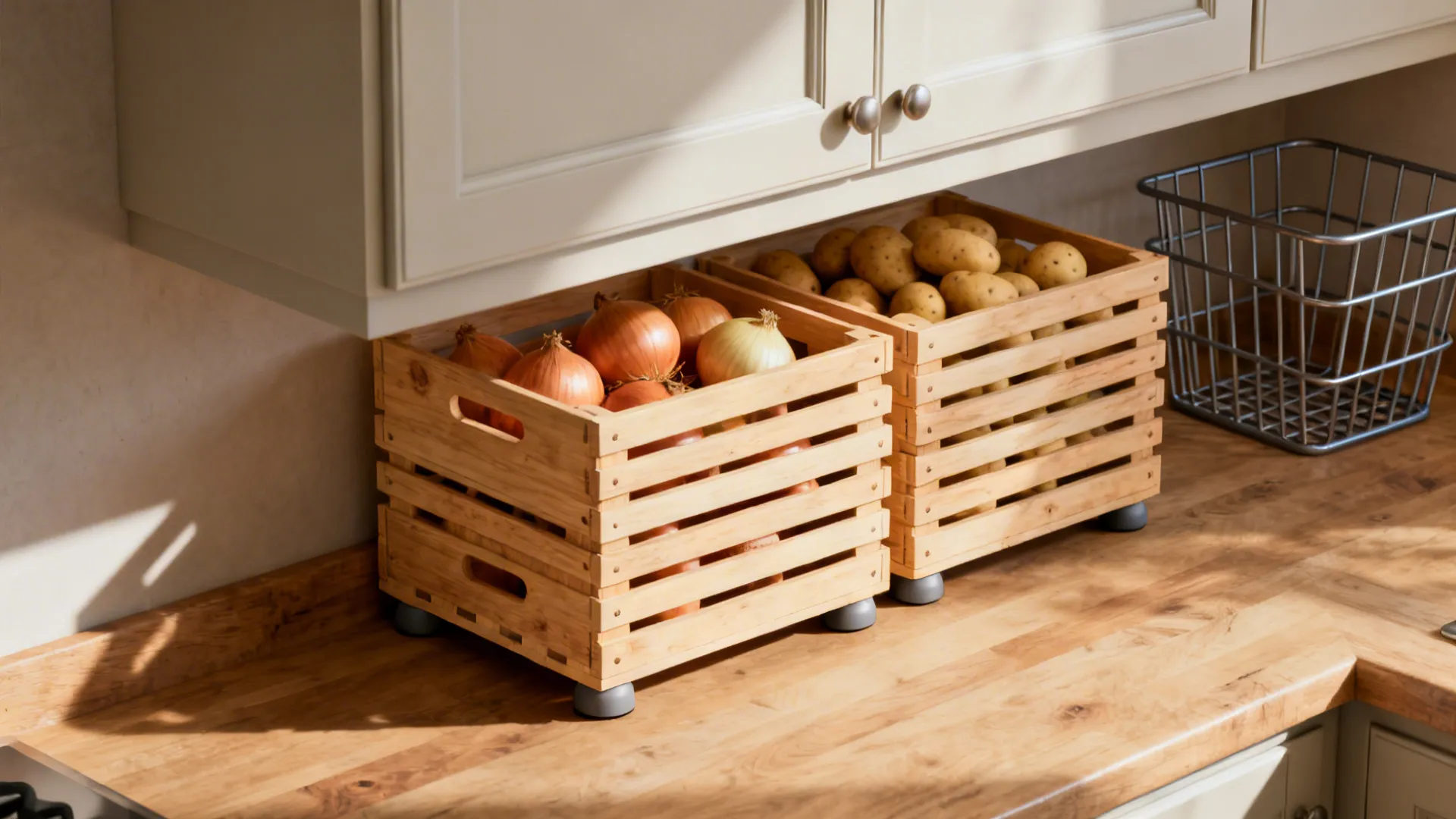 Low-profile pine crates under wall cabinets in the shadow line holding onions and potatoes in breathable slatted boxes.
