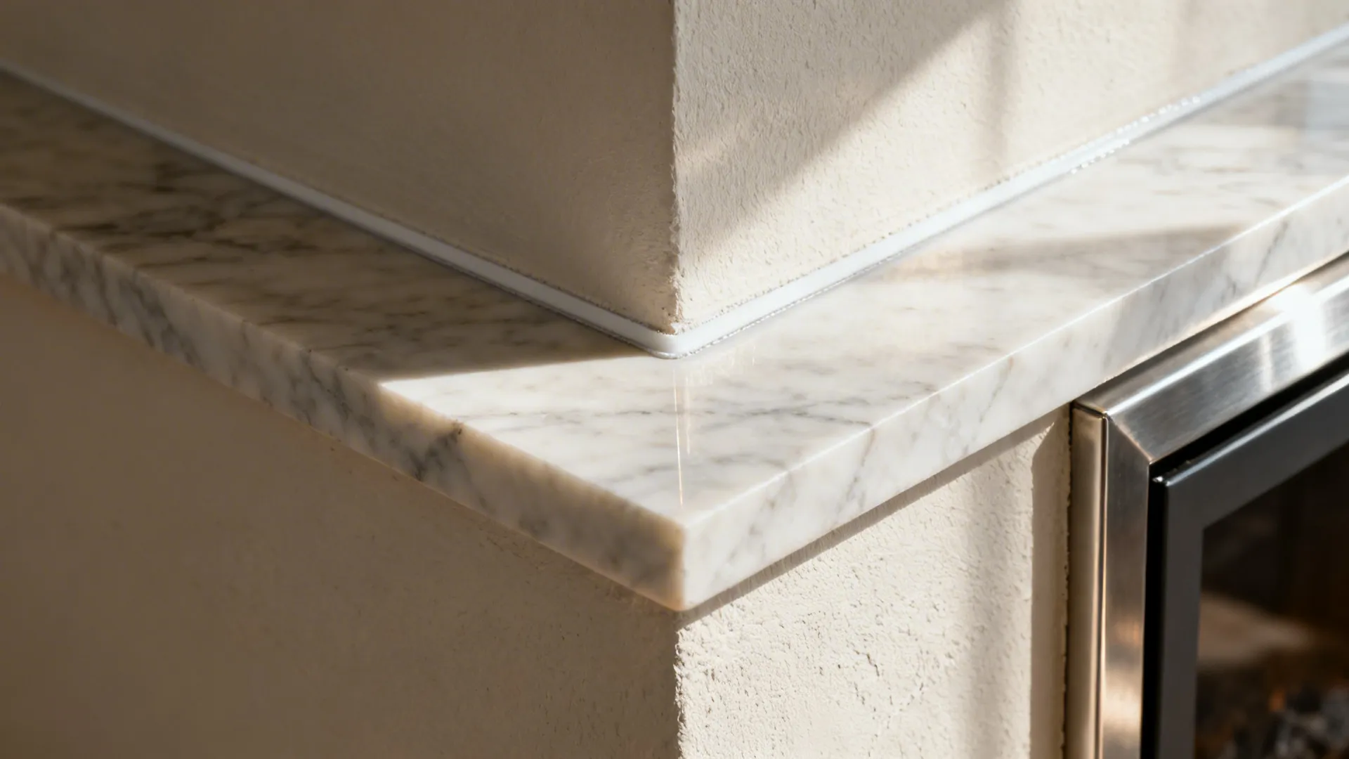 Close-up of a quartz return with a crisp shadow-line reveal in a chimney alcove.