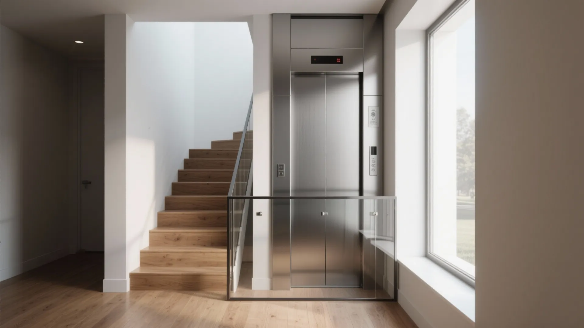 Stainless steel home elevator located between wooden stairs and a large window in modern house