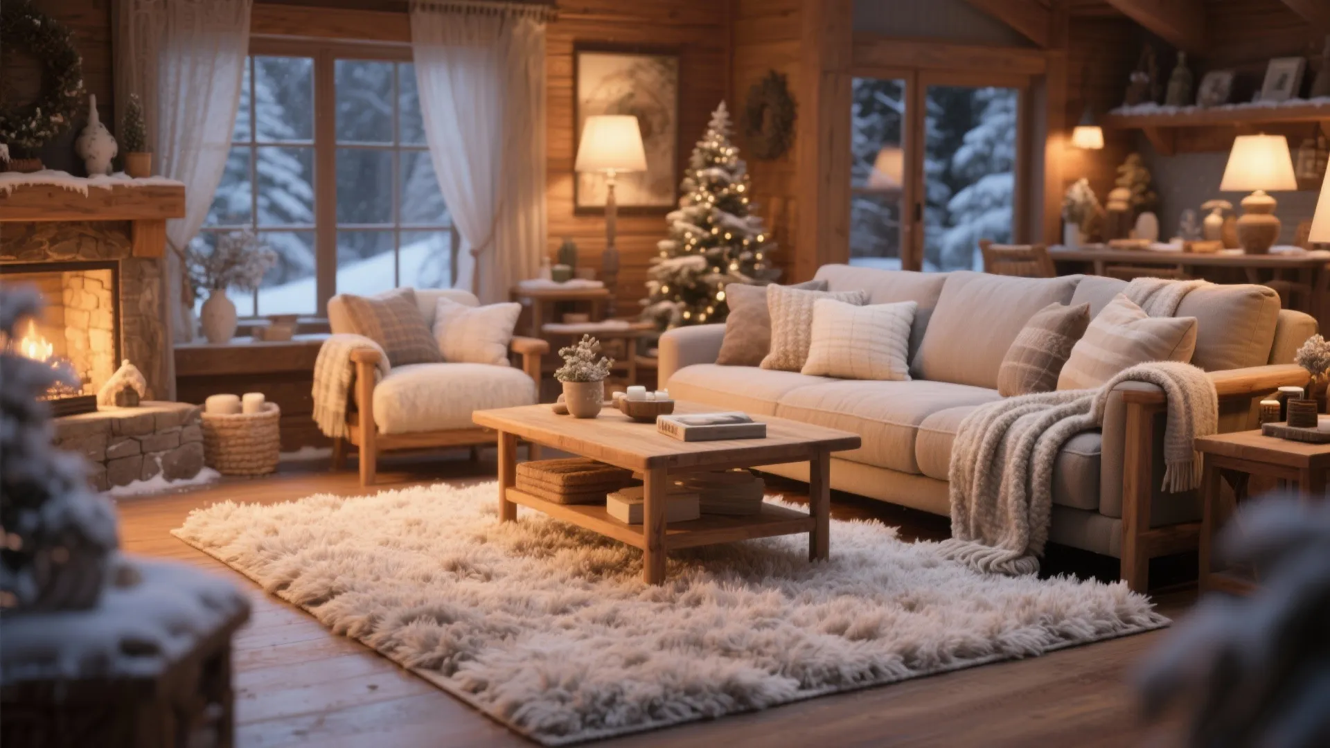 Cozy winter cabin living room with white shag rug fireplace sofa Christmas tree and snowy view