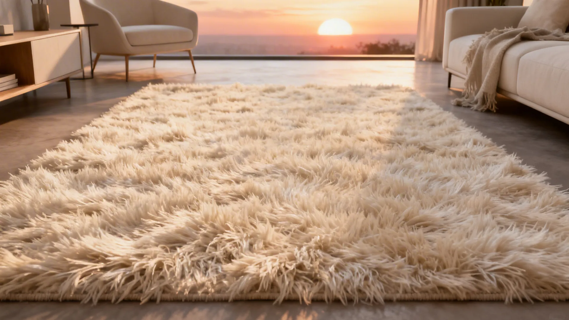 Contemporary living room with a warm ivory shag rug as the focal statement piece.