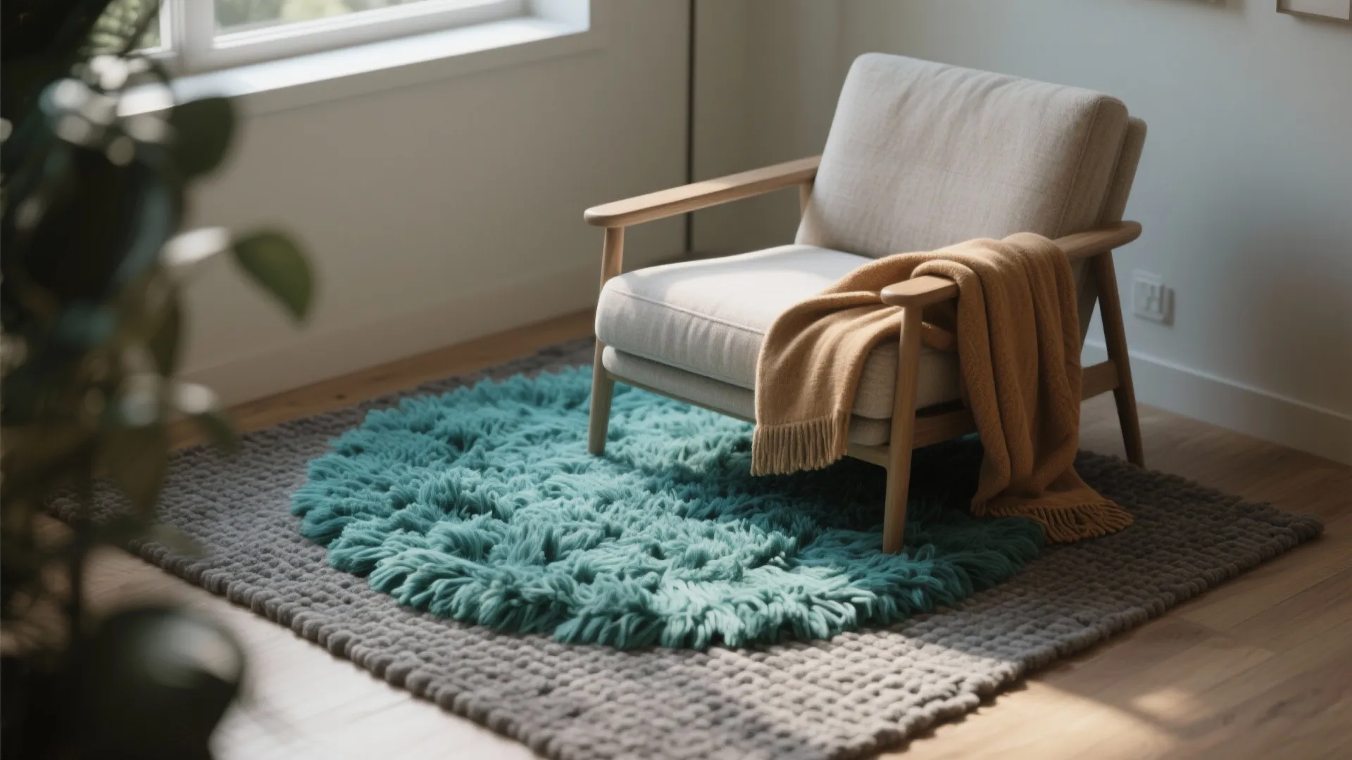 5. Layer textures: shag teal over woven grey for depth