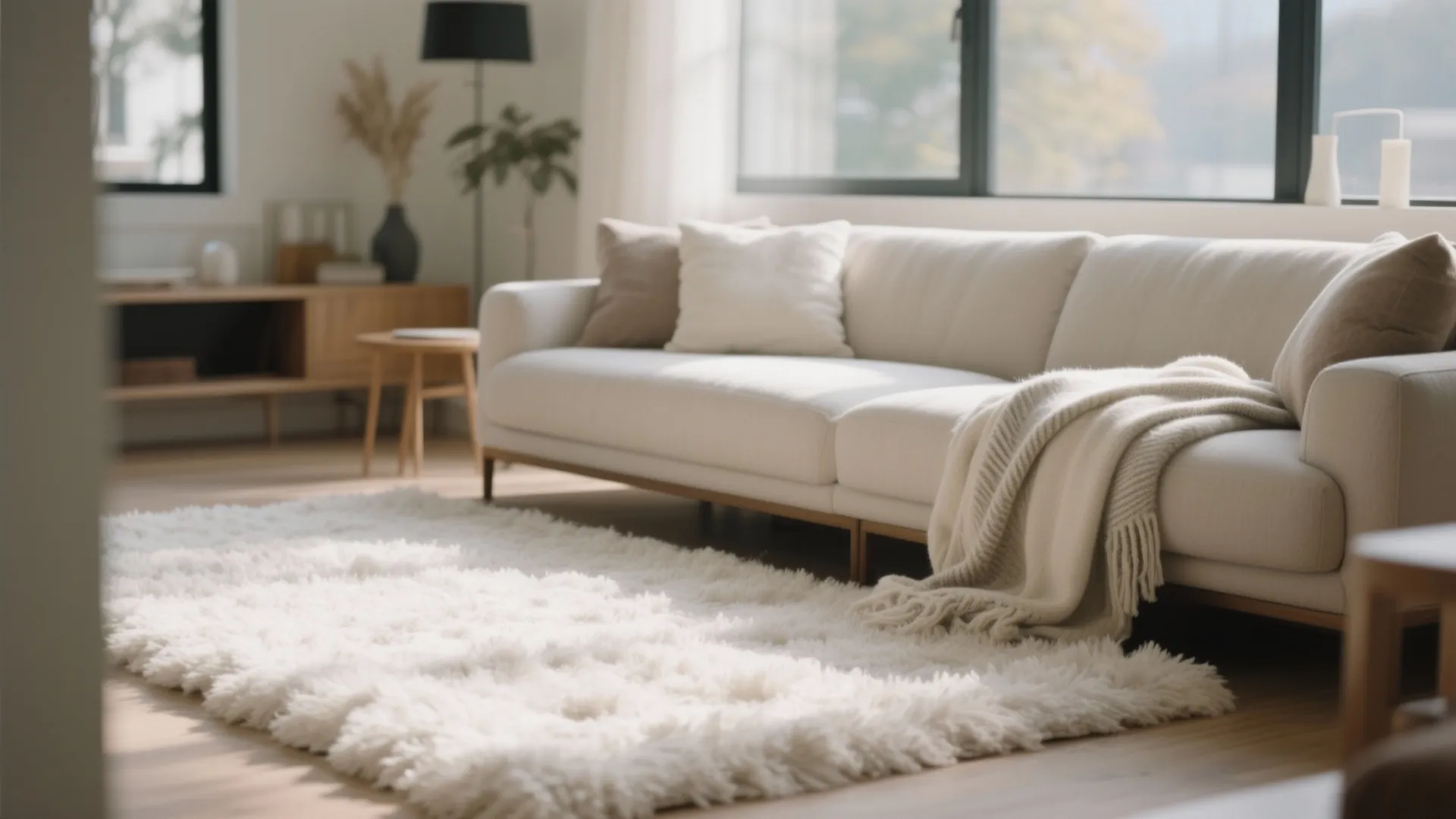 Cozy living room with plush white shag rug