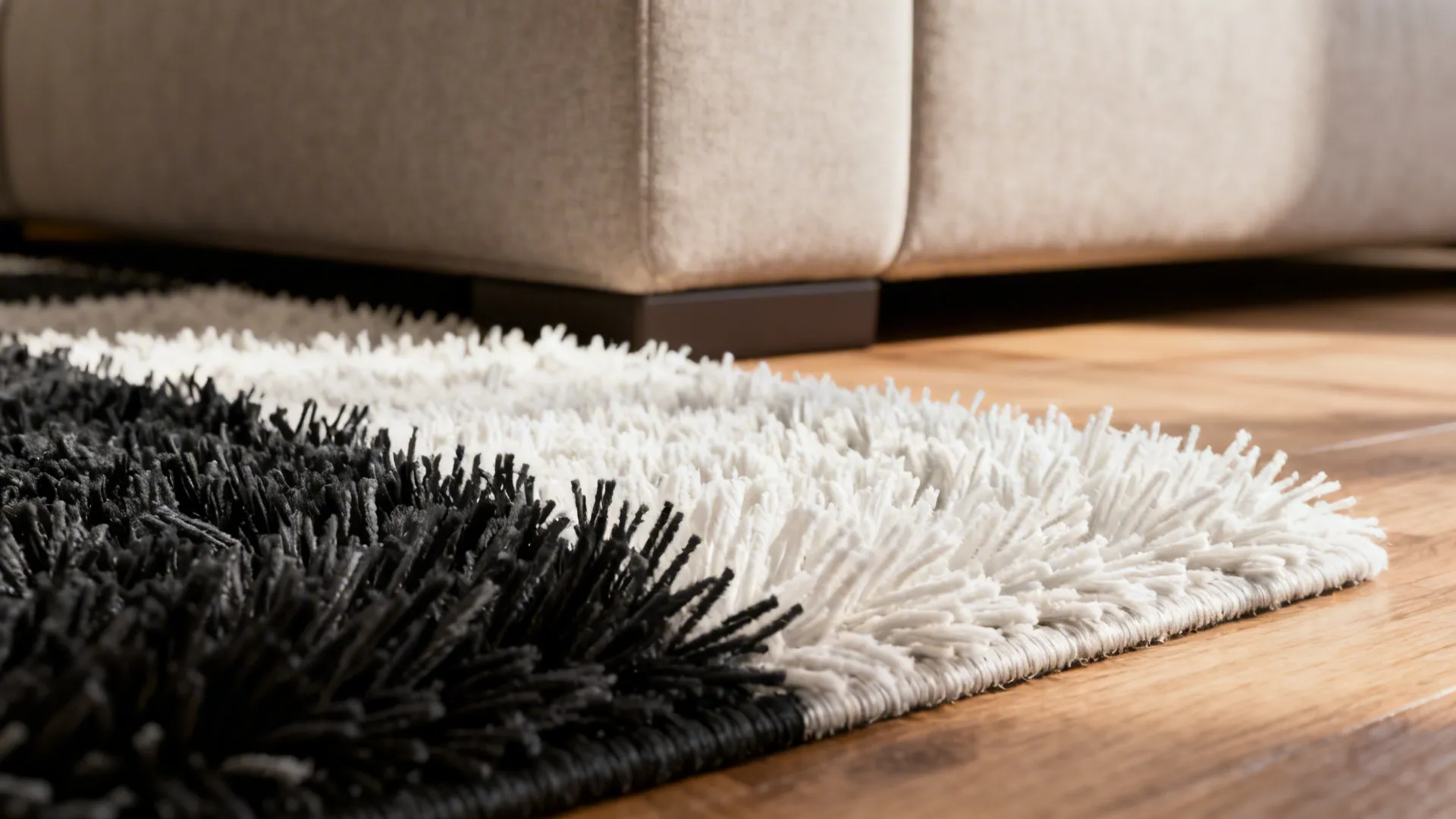 Close-up of a two-tone black-and-white shag rug showing high-low pile texture near a sofa.