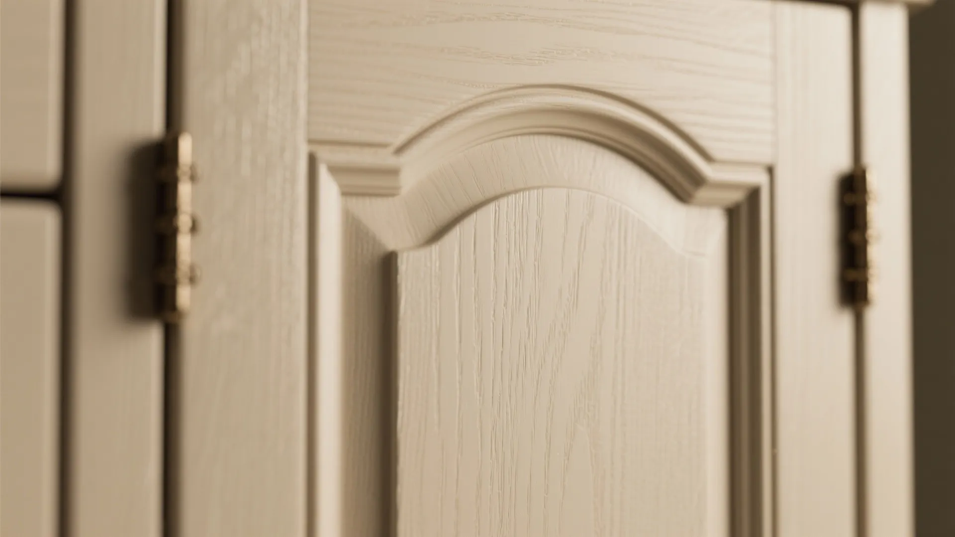 Close-up of a shaker cabinet door with a subtle half-arch inset panel and visible hinge hardware.