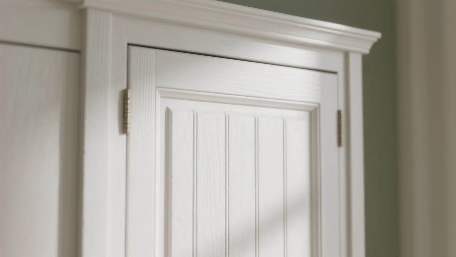Close-up of painted white shaker door and beadboard panel adding texture to cabinets.