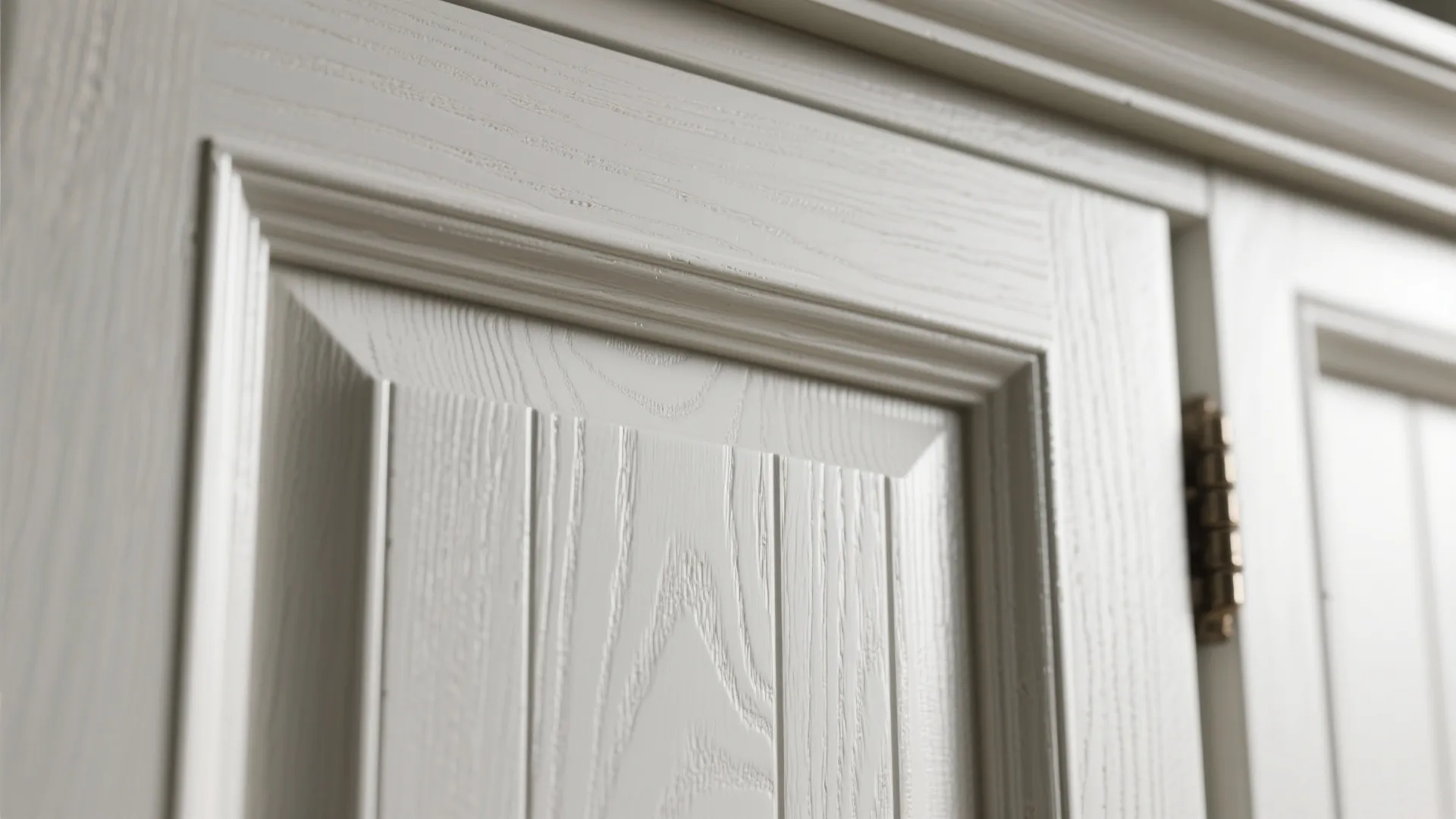 Close up view of white wood wall panel door with visible wood grain texture and hinges