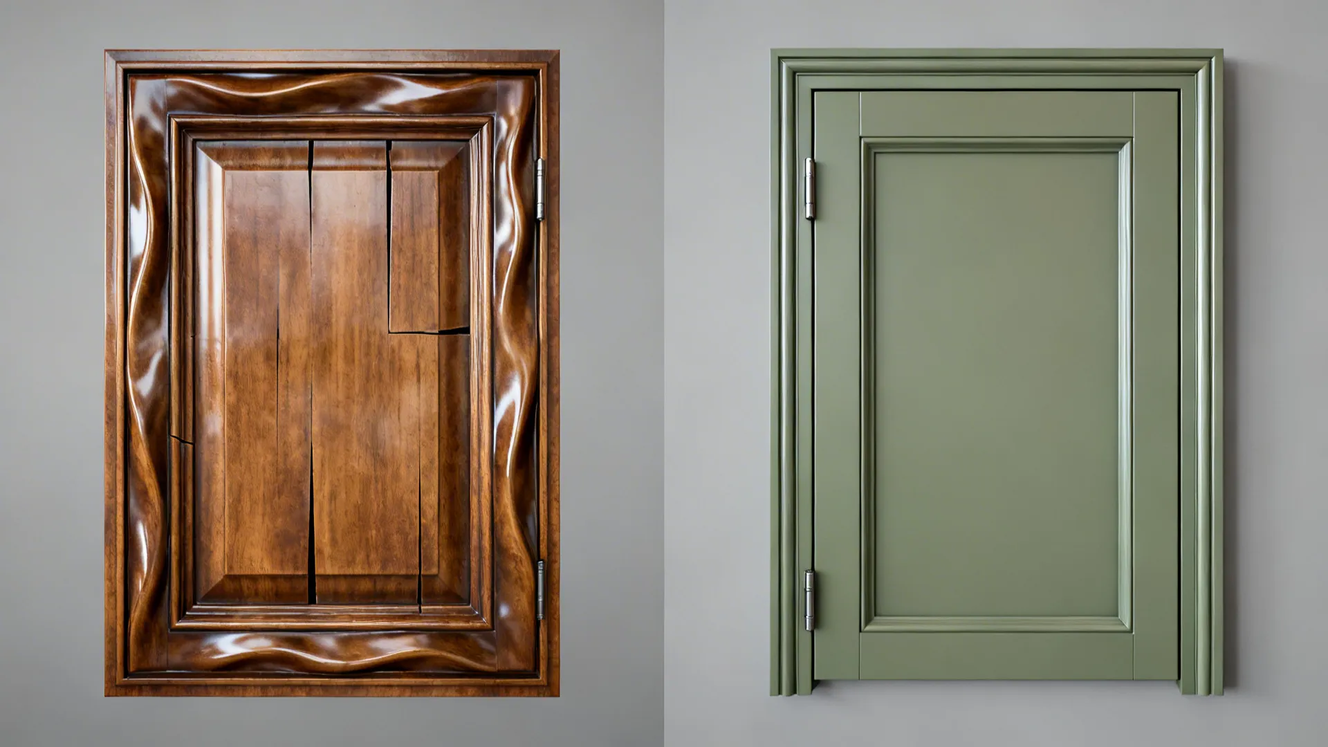 Before and after comparison of old brown wood cabinet door and new green shaker door