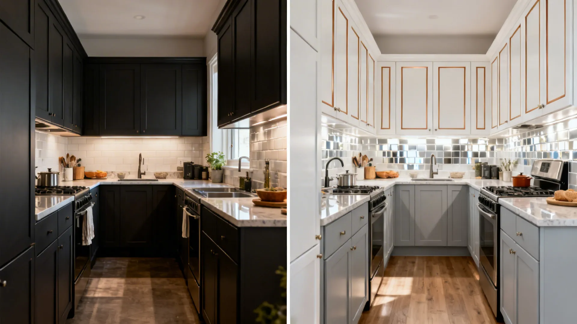 Before–after of a small kitchen showing dark slabs replaced by warm white slim Shaker doors.