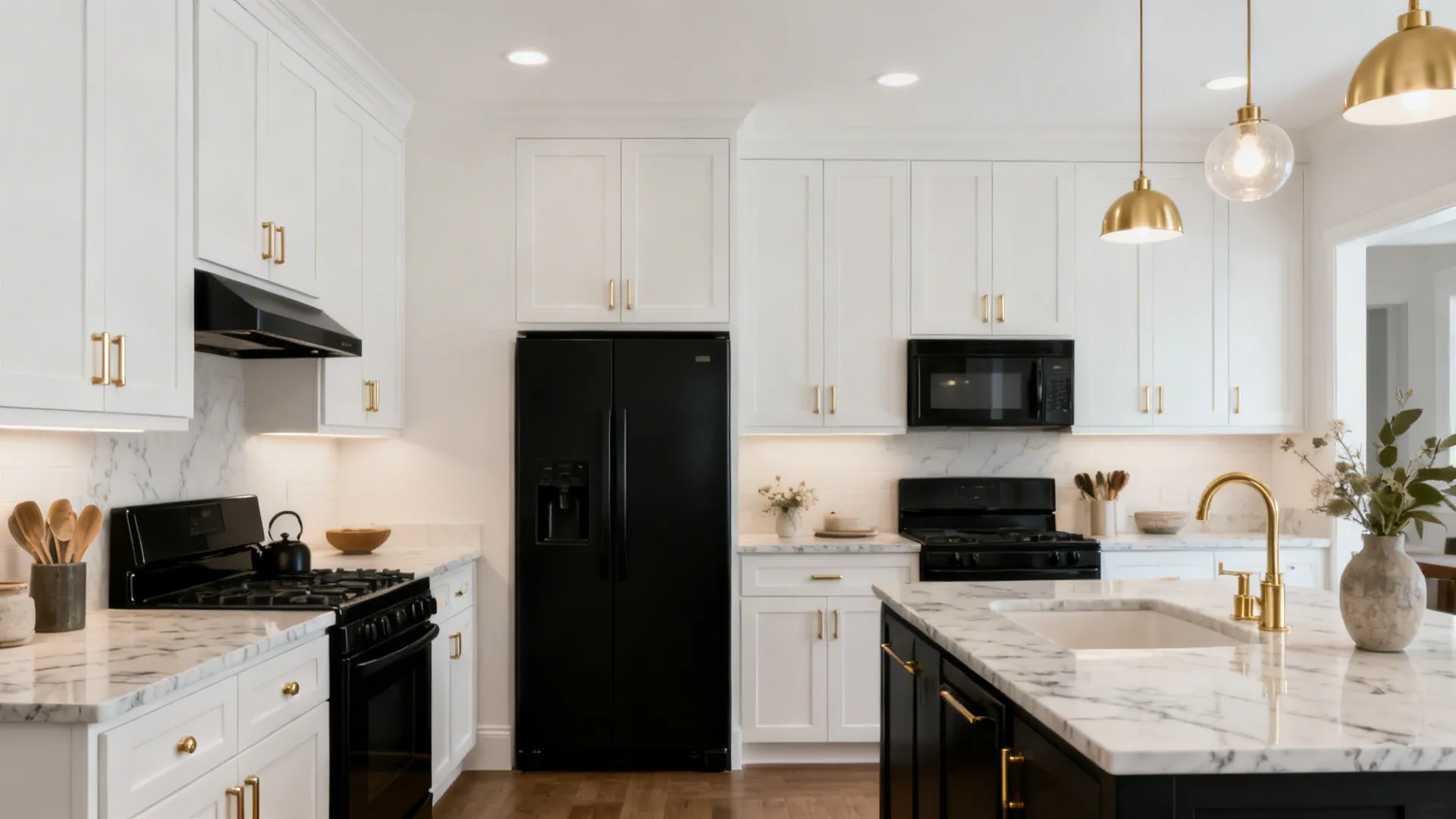 Slim Shaker cabinets with black appliances and soft brass hardware in a compact kitchen.