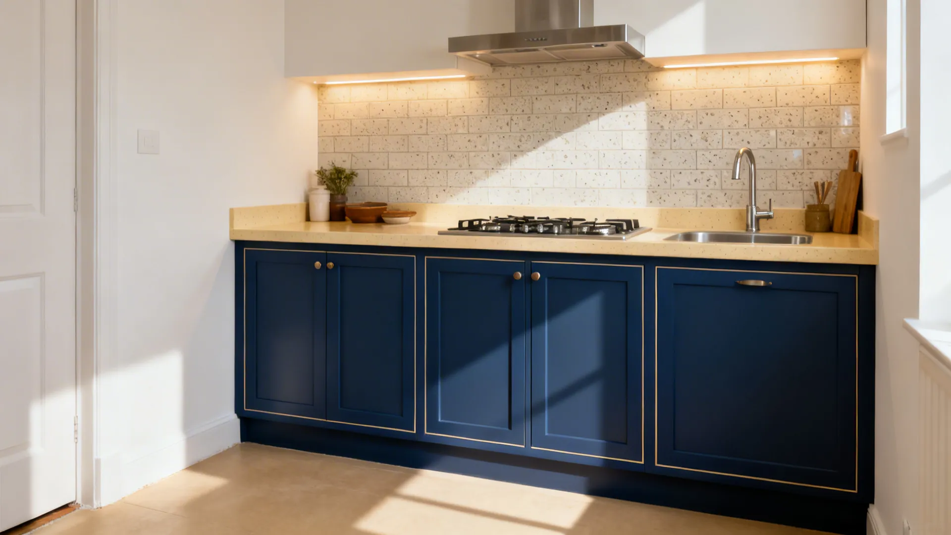 Shaker Doors in Dark Blue, Quartz in Vanilla