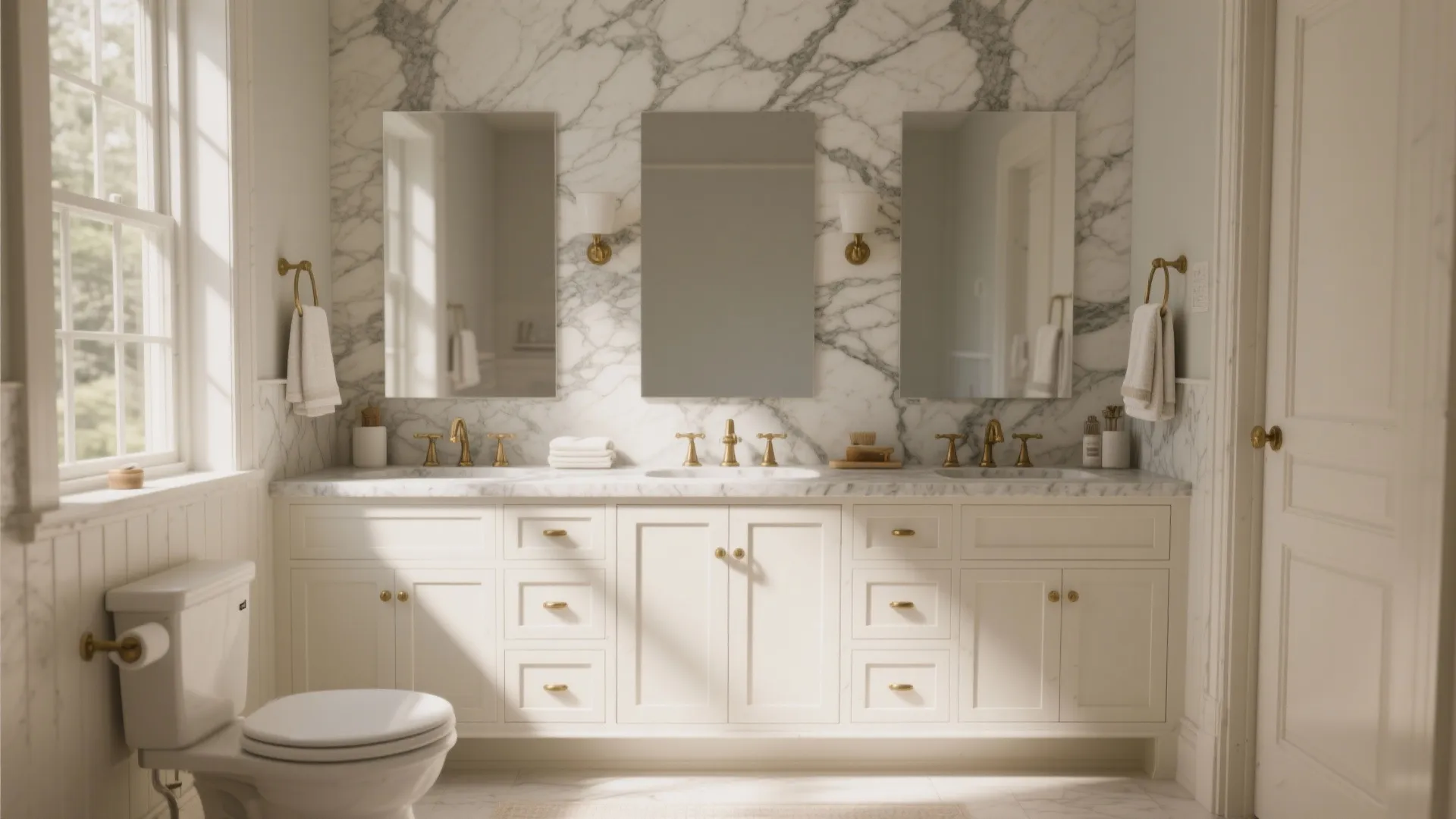 2. Shaker-style white vanity with bookmatched marble