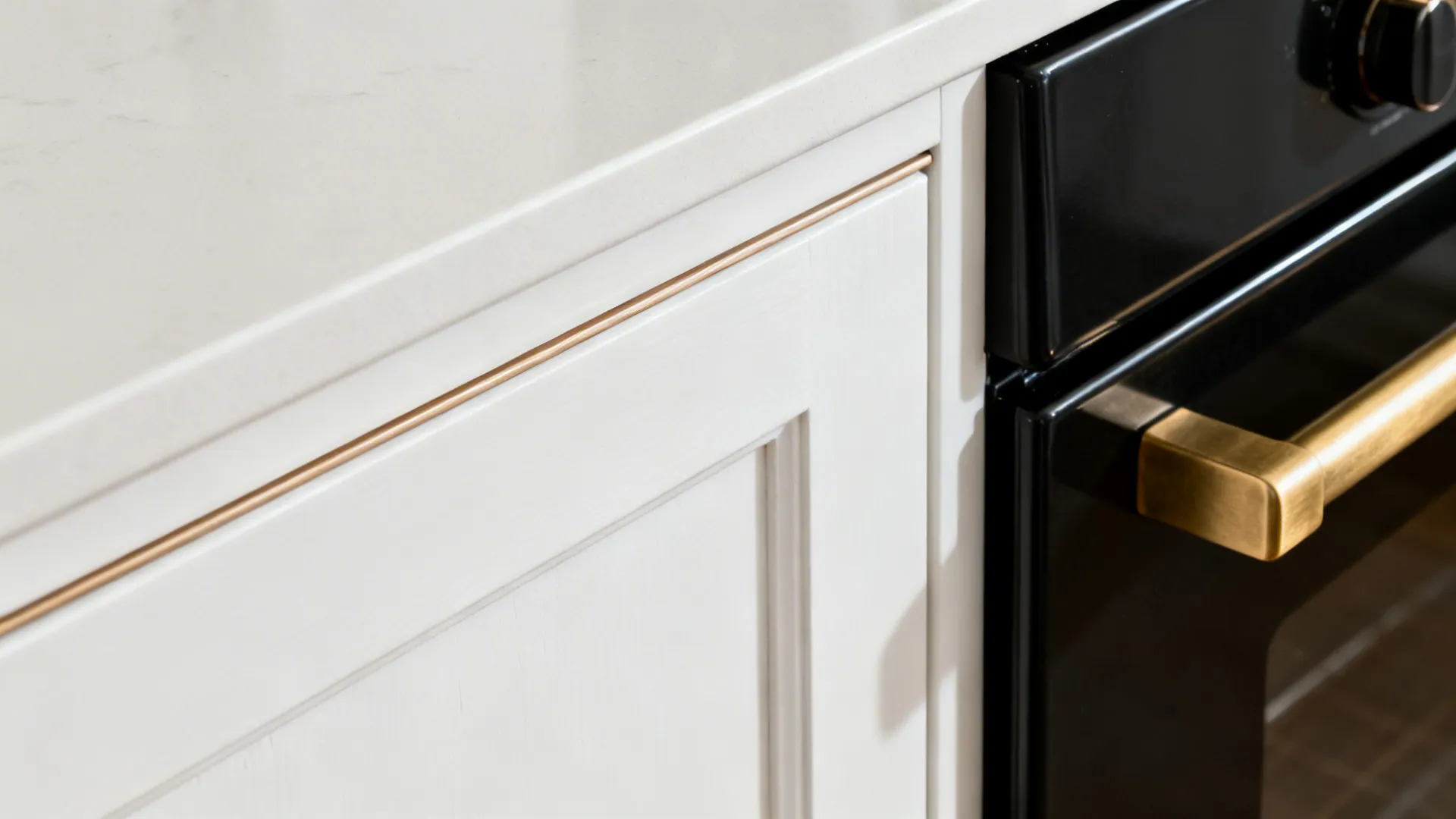 Close-up of slim Shaker rail with brushed brass pull beside a satin black appliance.