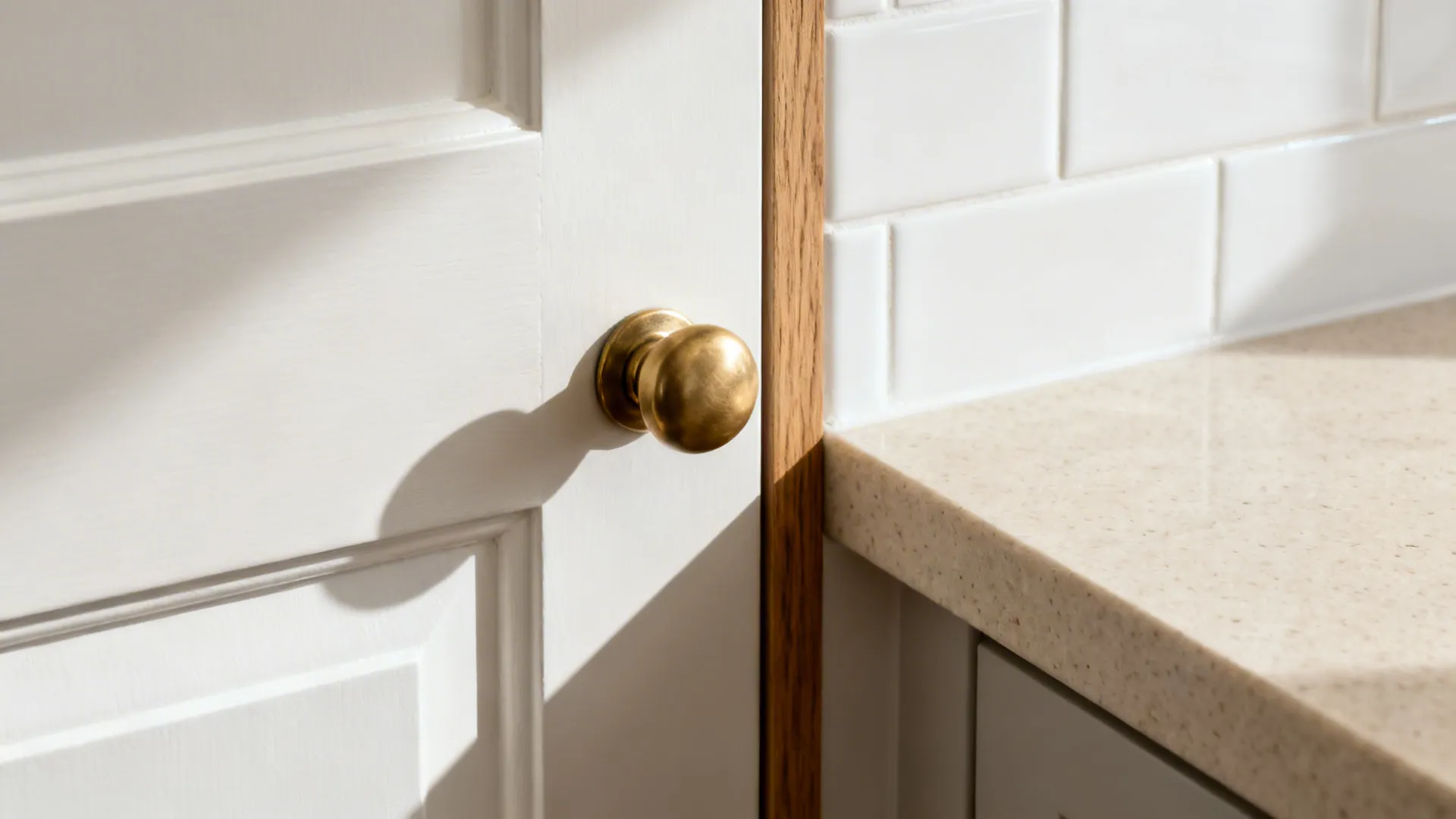 Macro of soft-white Shaker door with brushed brass knob beside matte tile and light quartz.