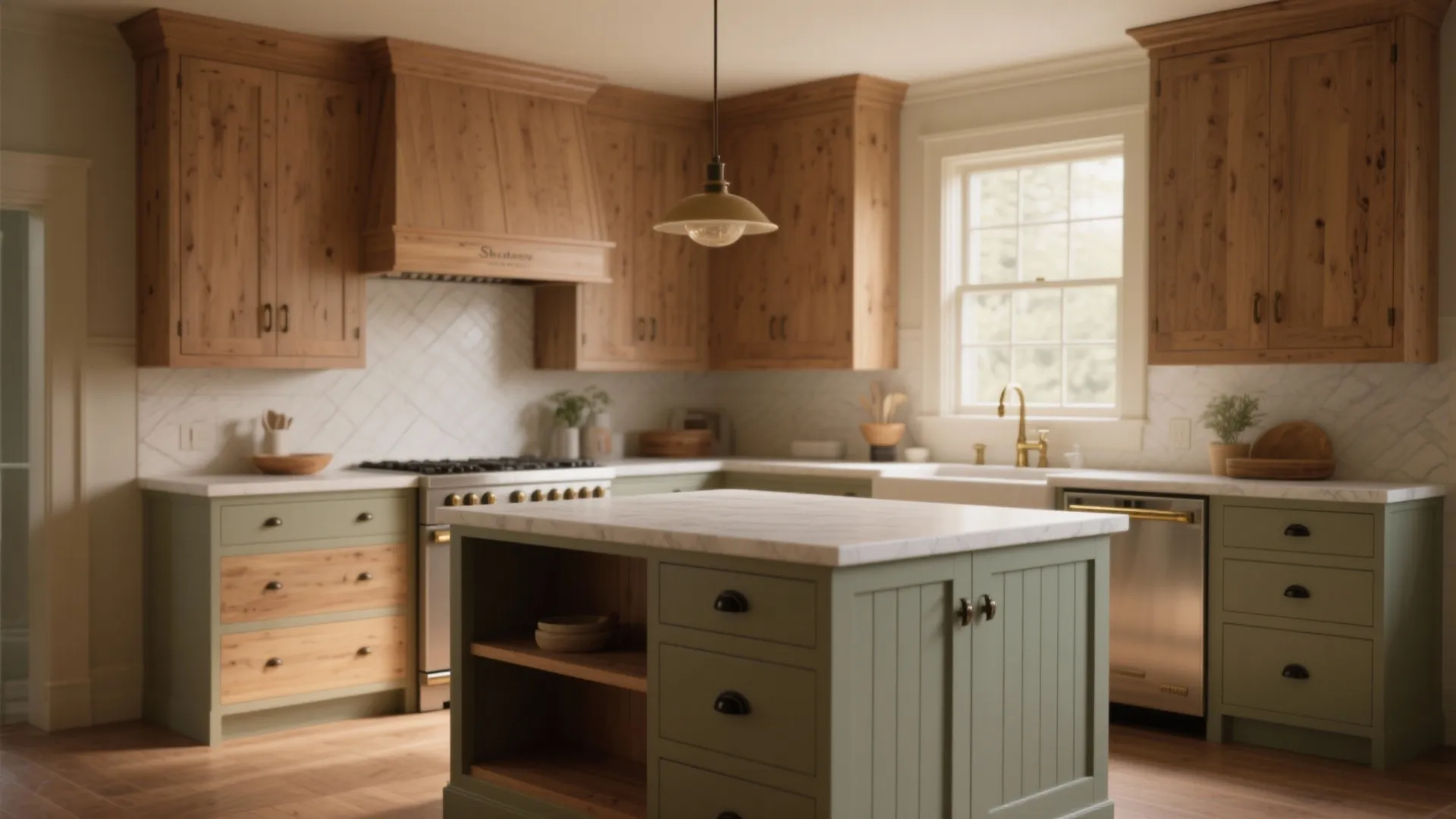 1. Shaker Cabinets with Warm Paint and Natural Wood Accents