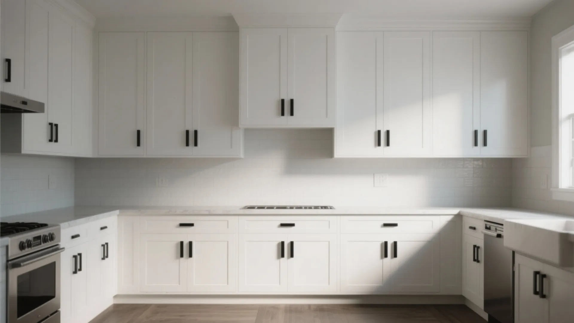 5. Bold black pulls as focal points on shaker cabinets