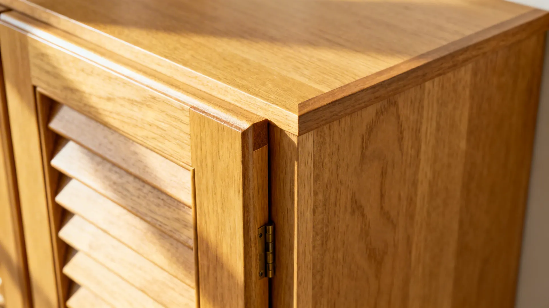 Macro of oak shaker shutter corner with matte finish, slim stiles, and precise reveal.