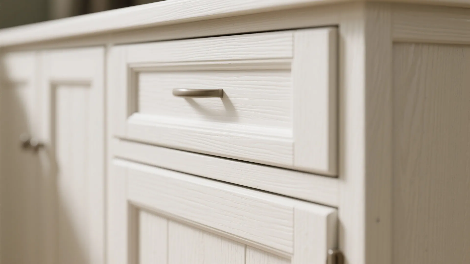 Close-up of Shaker-style white painted wood drawer with subtle texture and recessed panel