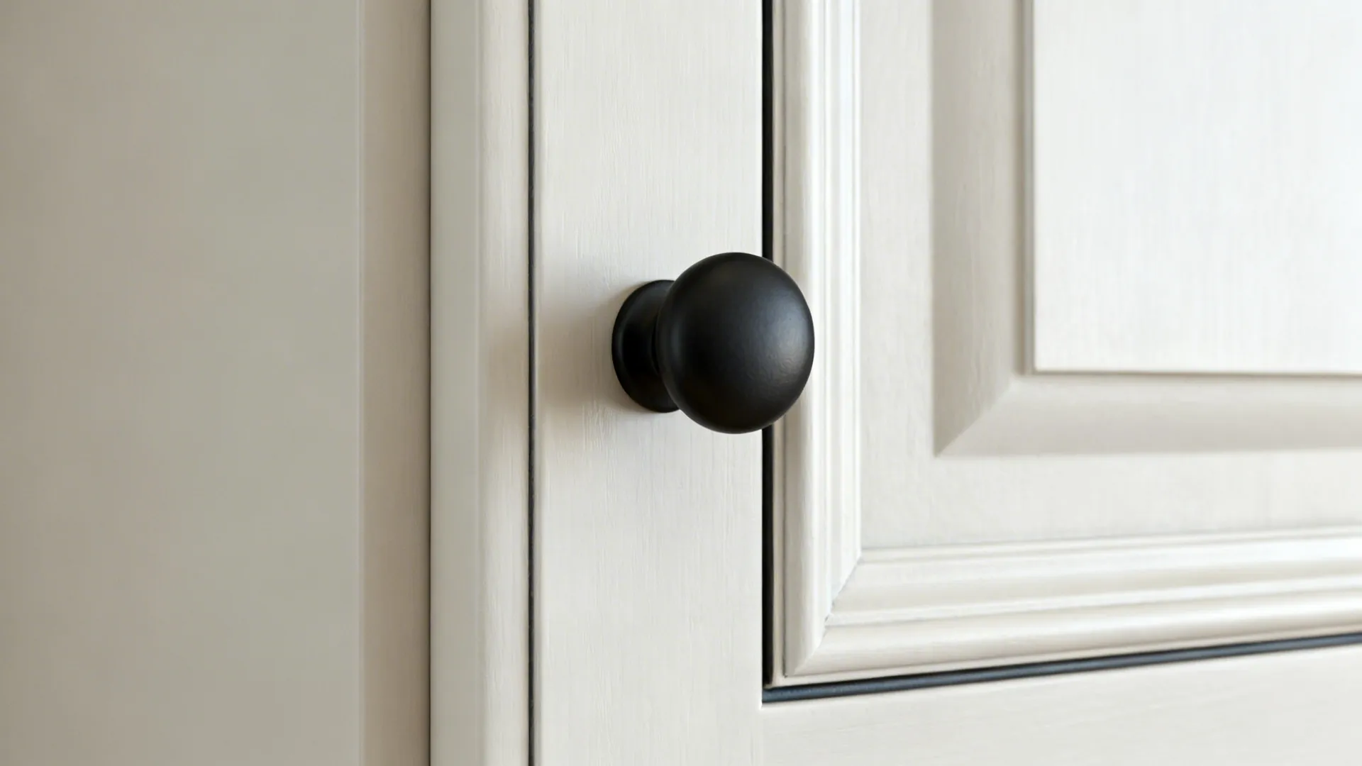 Macro view of slim shaker door profile with matte hardware and satin finish.