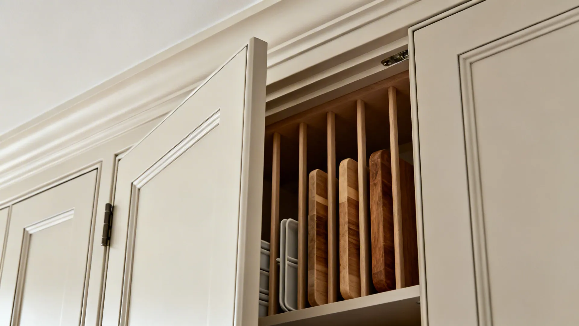 Open white kitchen cabinet with vertical wood dividers holding several wooden cutting boards and plates