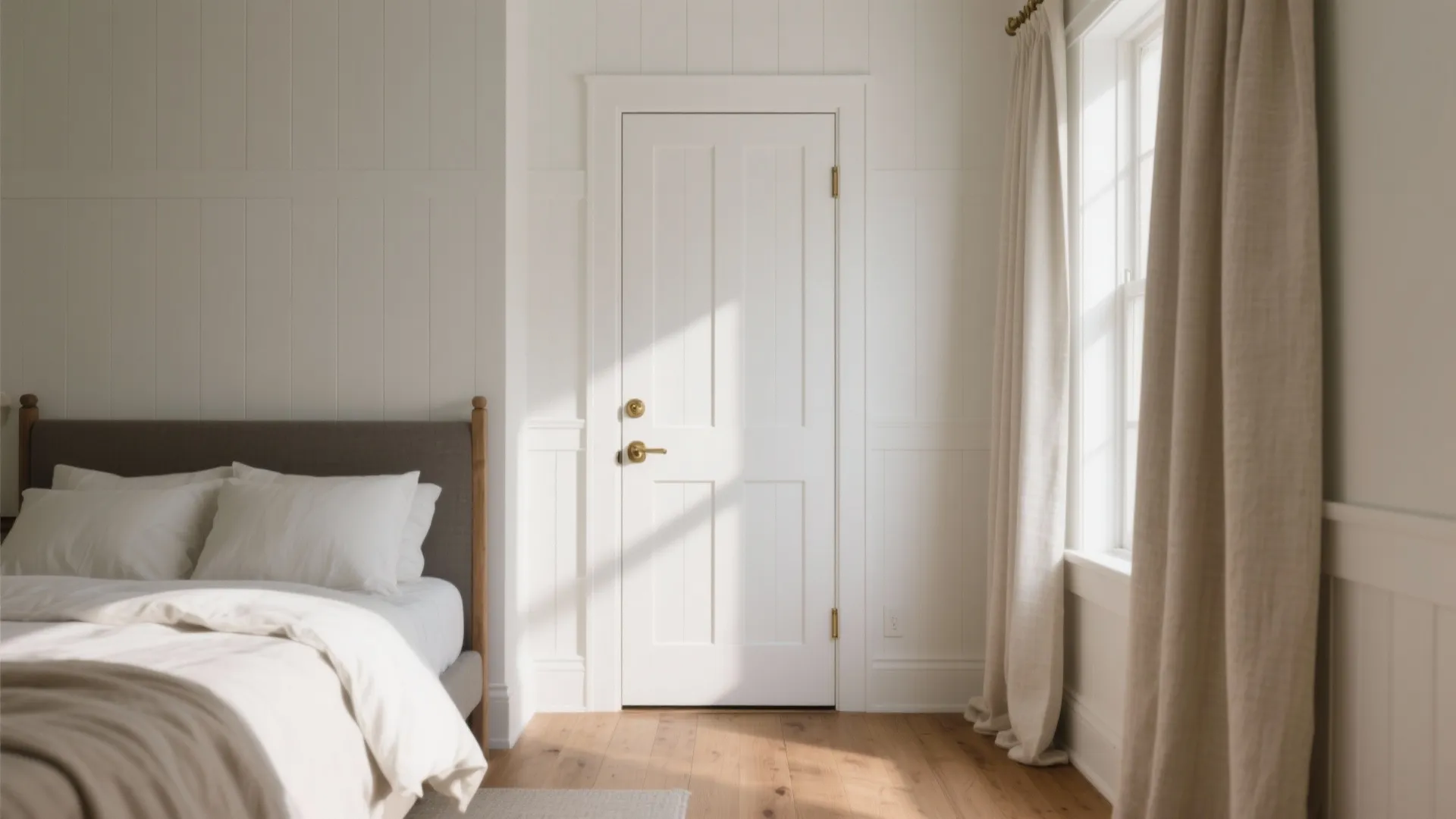 White bedroom door next to bed with white pillows and window with long beige curtains