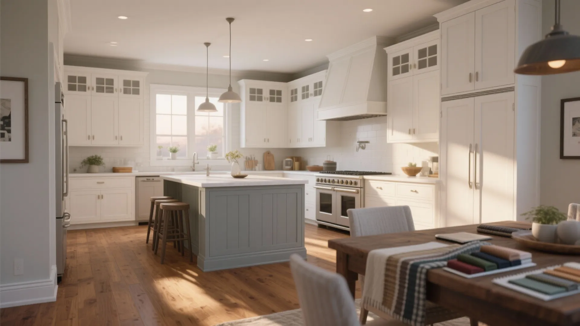 3. Shaker white cabinets and soft dove-gray island