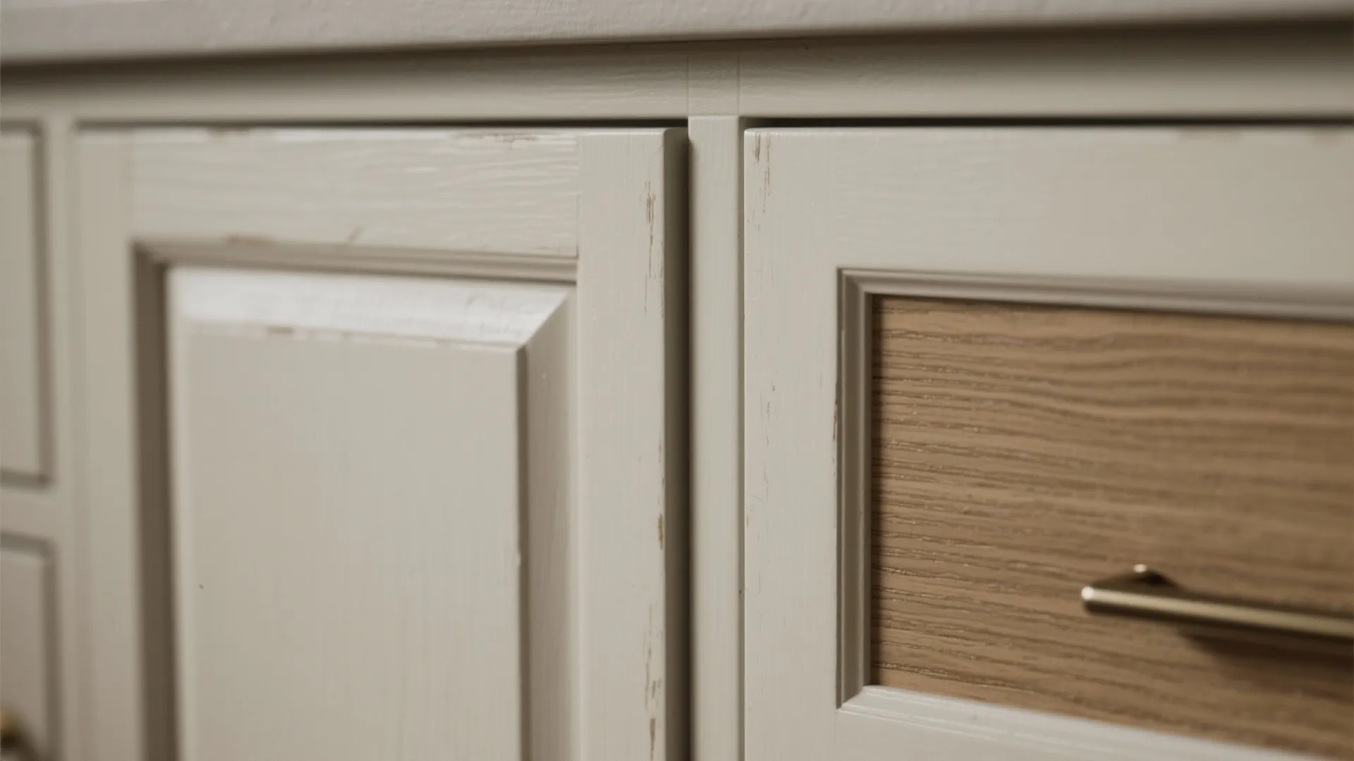 Close up of cream kitchen cabinet doors showing wood texture and simple metal handle hardware