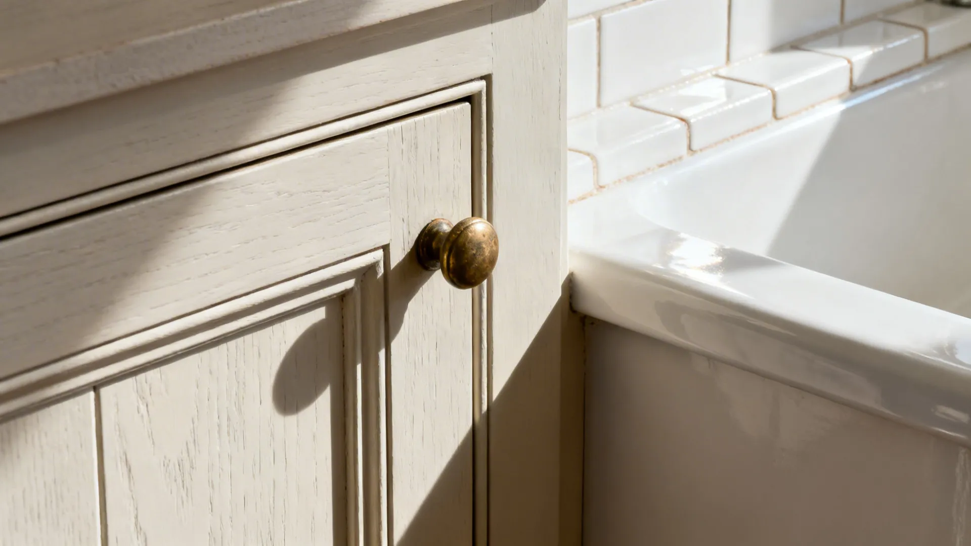 Macro of shaker cabinet next to farmhouse sink showing classic proportions and brass hardware.