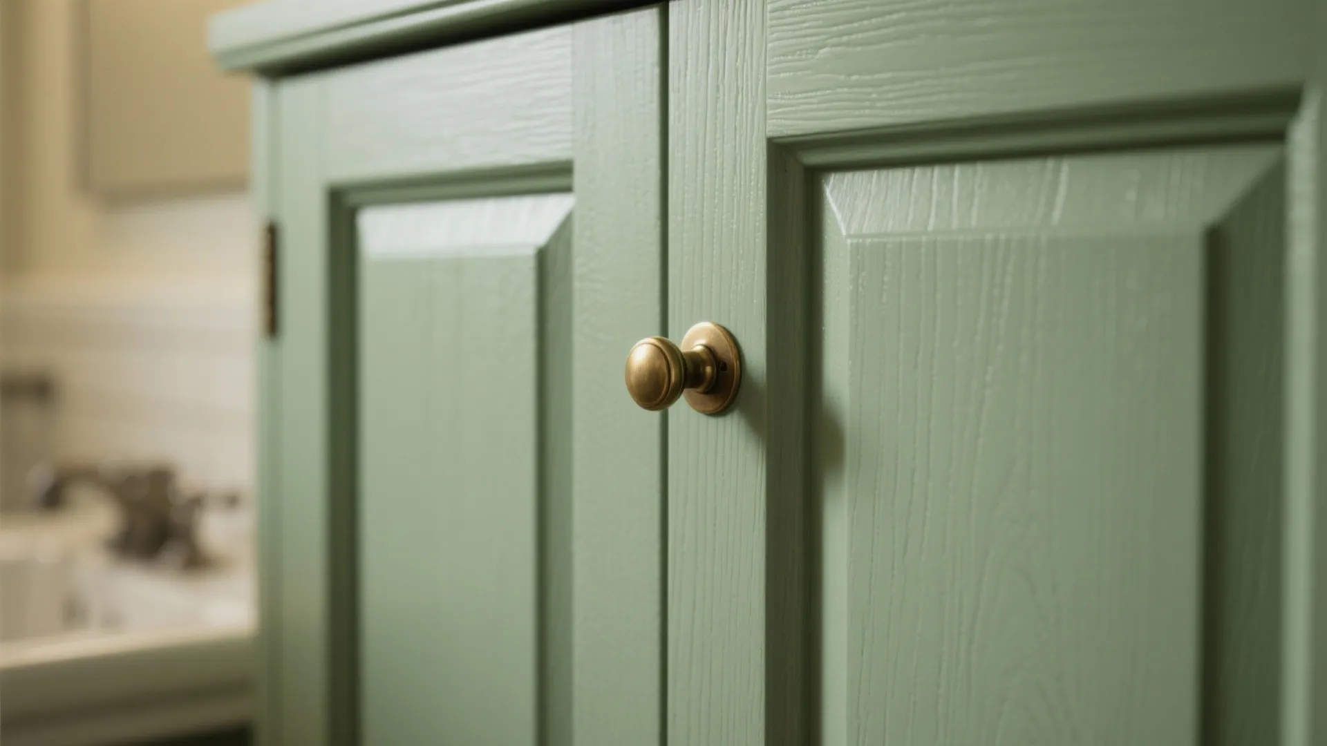 Close-up of muted green Shaker-style vanity door with brass knob