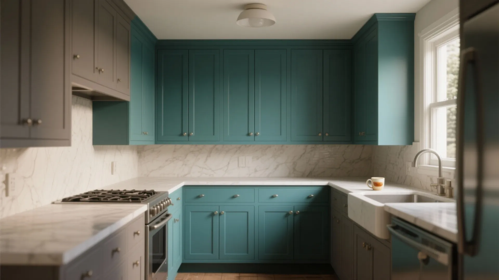 Modern kitchen with teal green cabinets white marble countertops a silver sink and a gas stove
