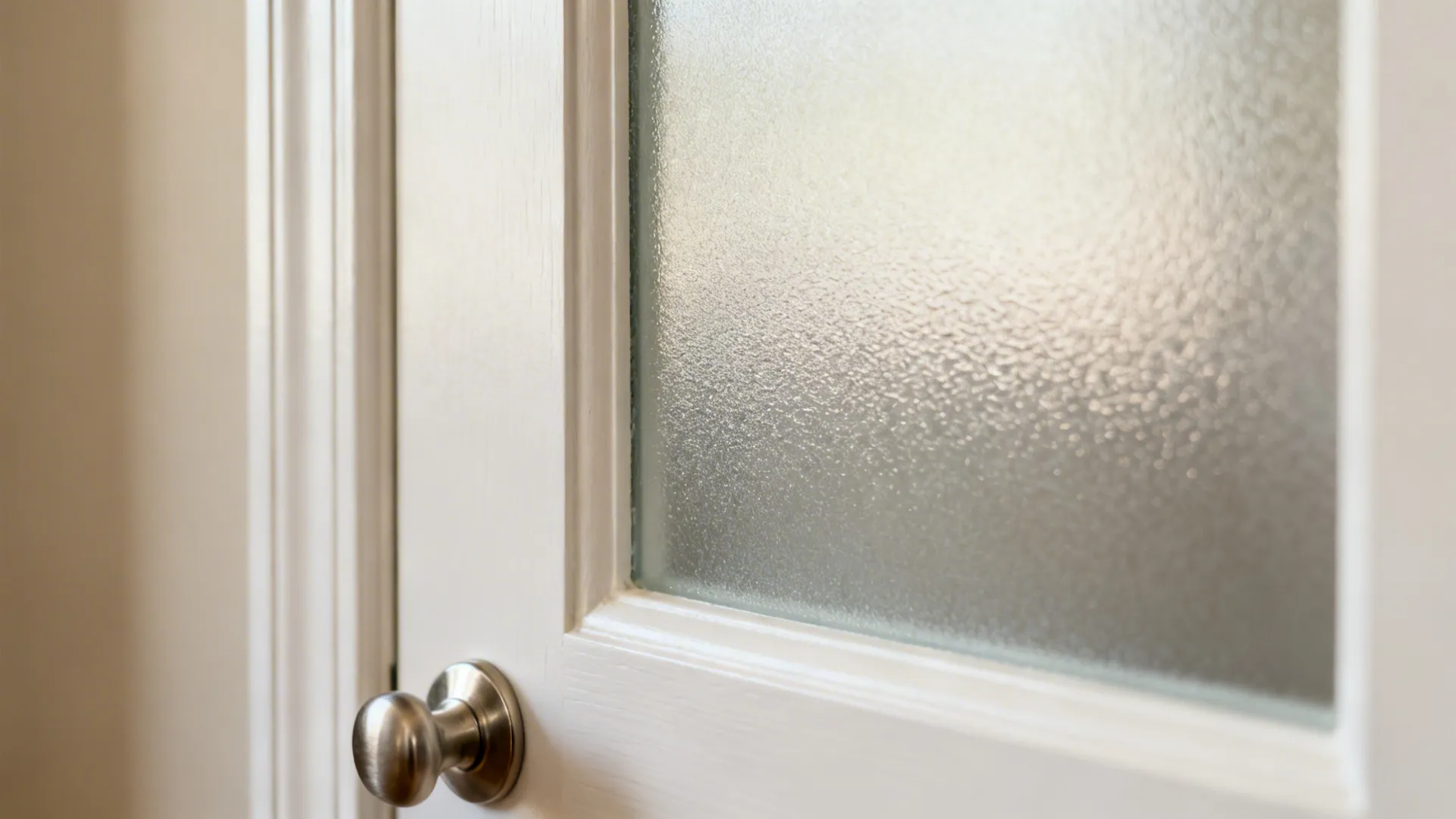 Close-up of satin-etched glass set into a slim Shaker cabinet stile.