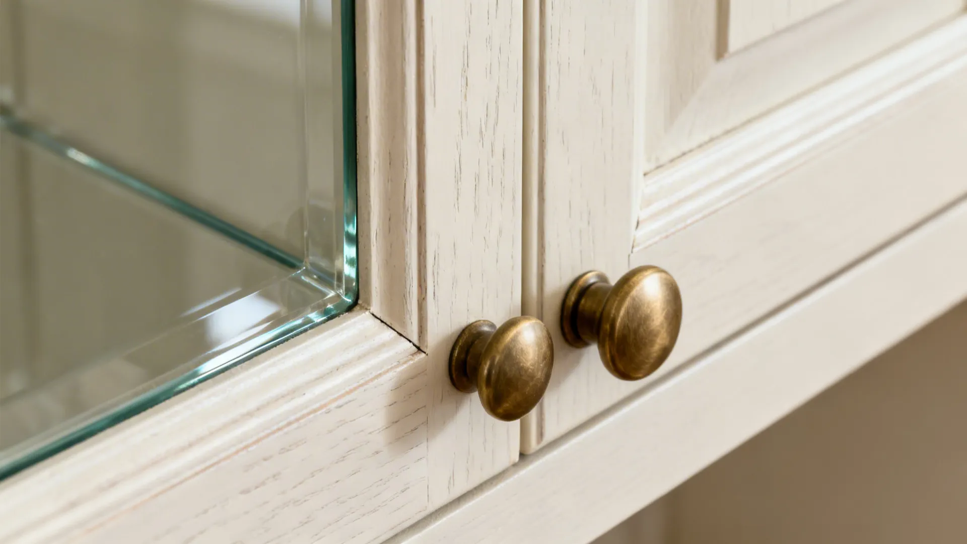 Macro of a clear glass Shaker door with crisp joinery and brass knob in soft daylight.