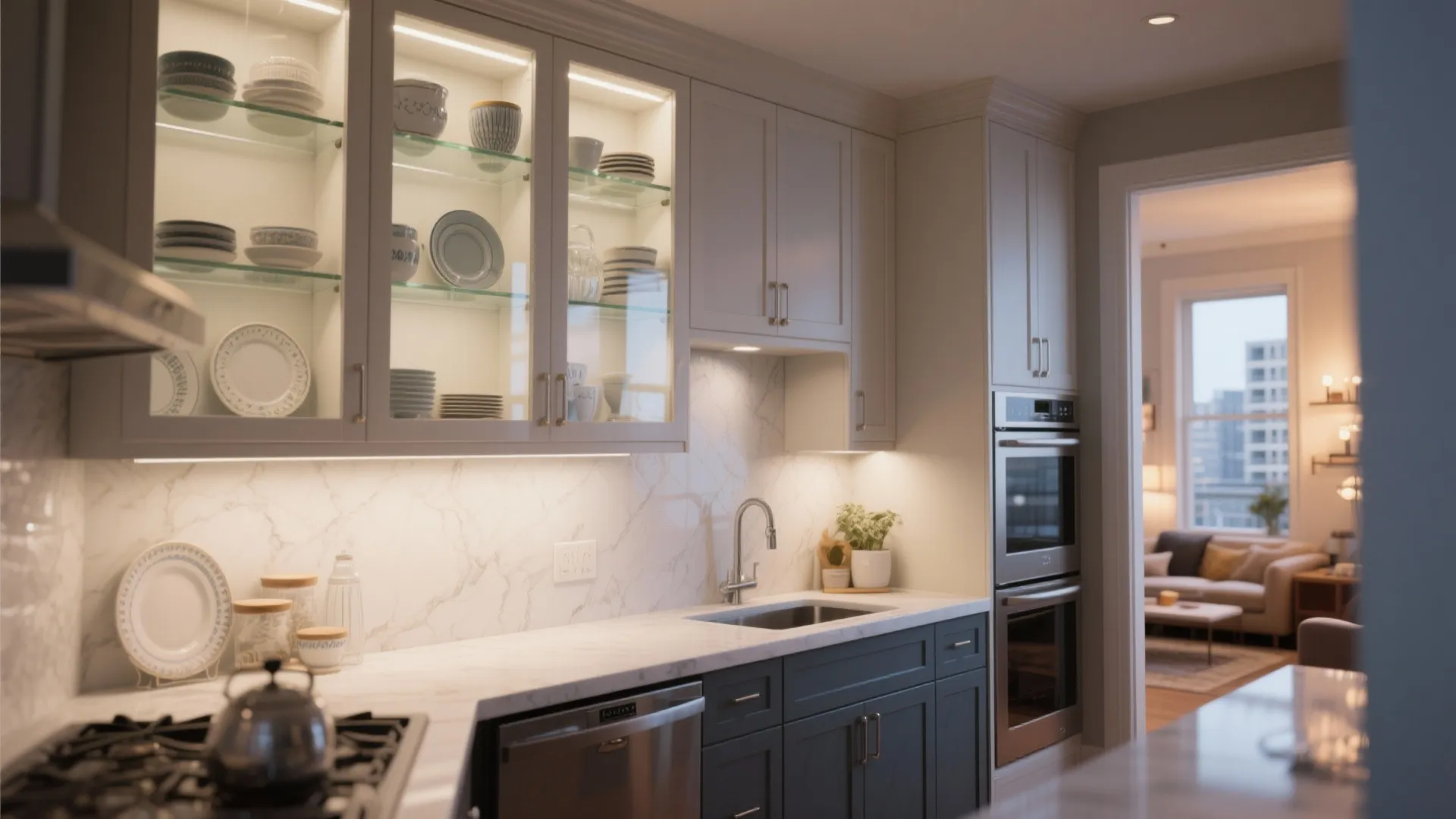 Modern kitchen with white upper glass cabinets navy lower cabinets marble countertops and warm underlight illumination