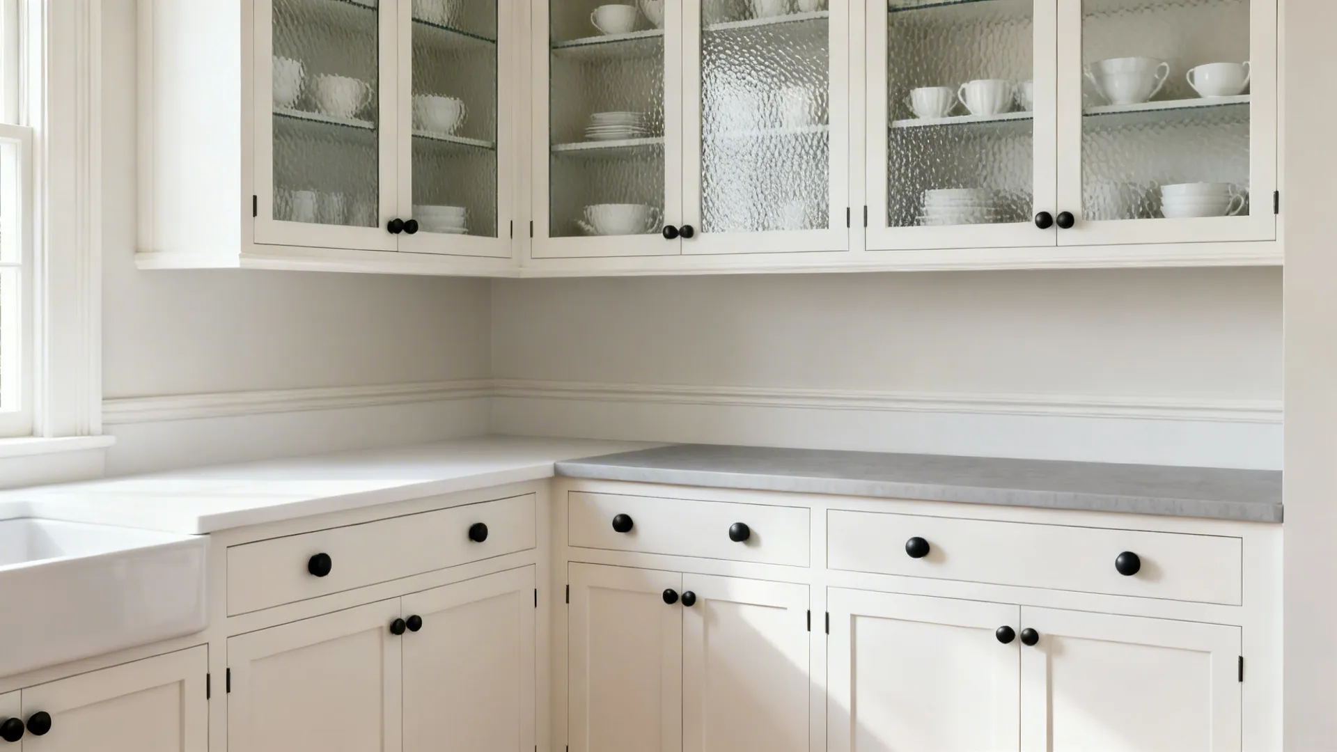 White Shaker kitchen with reeded glass uppers and matte black hardware in soft daylight.