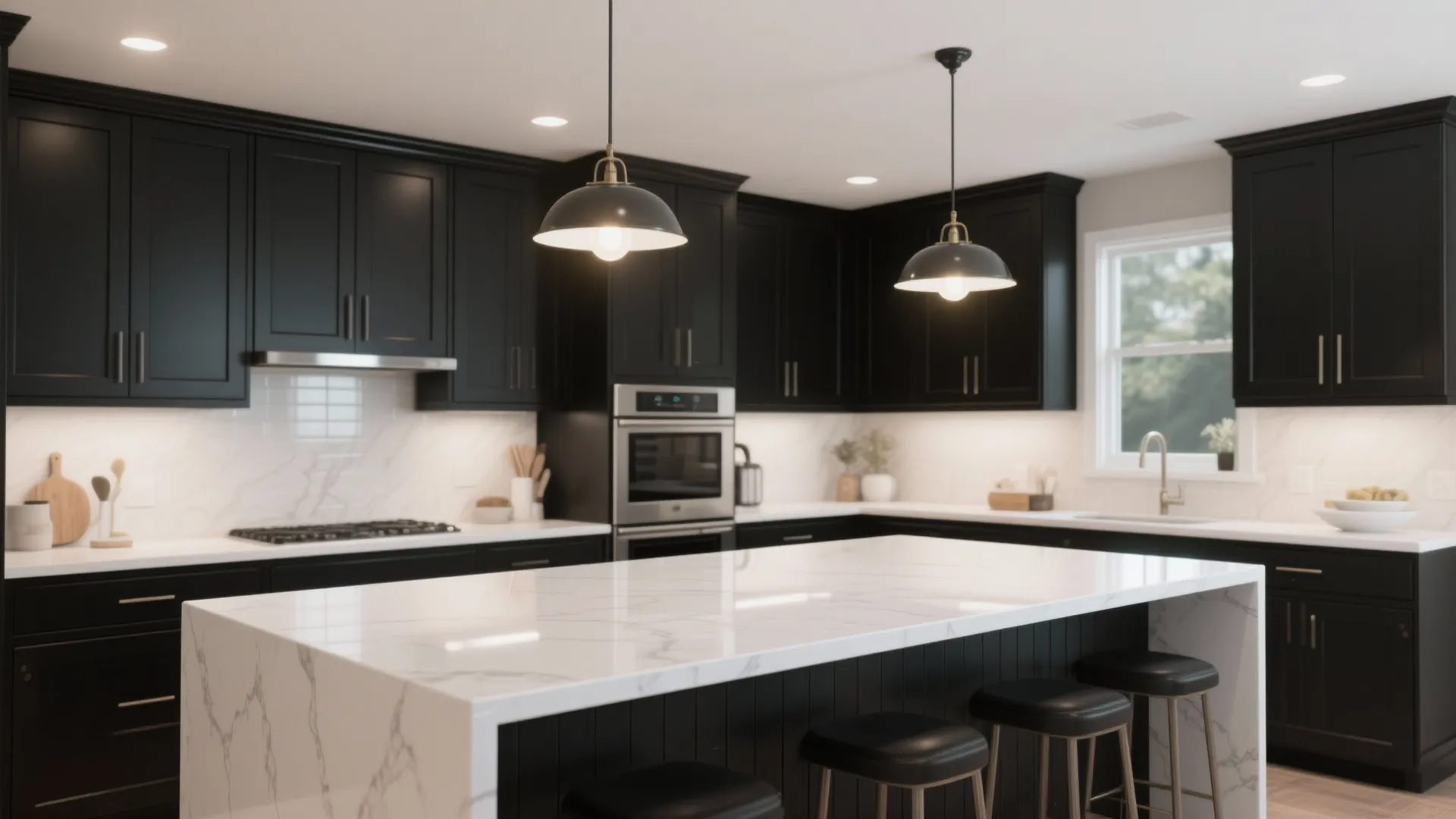 Spacious kitchen with black cabinets white marble island two ceiling lights and black chairs for seating